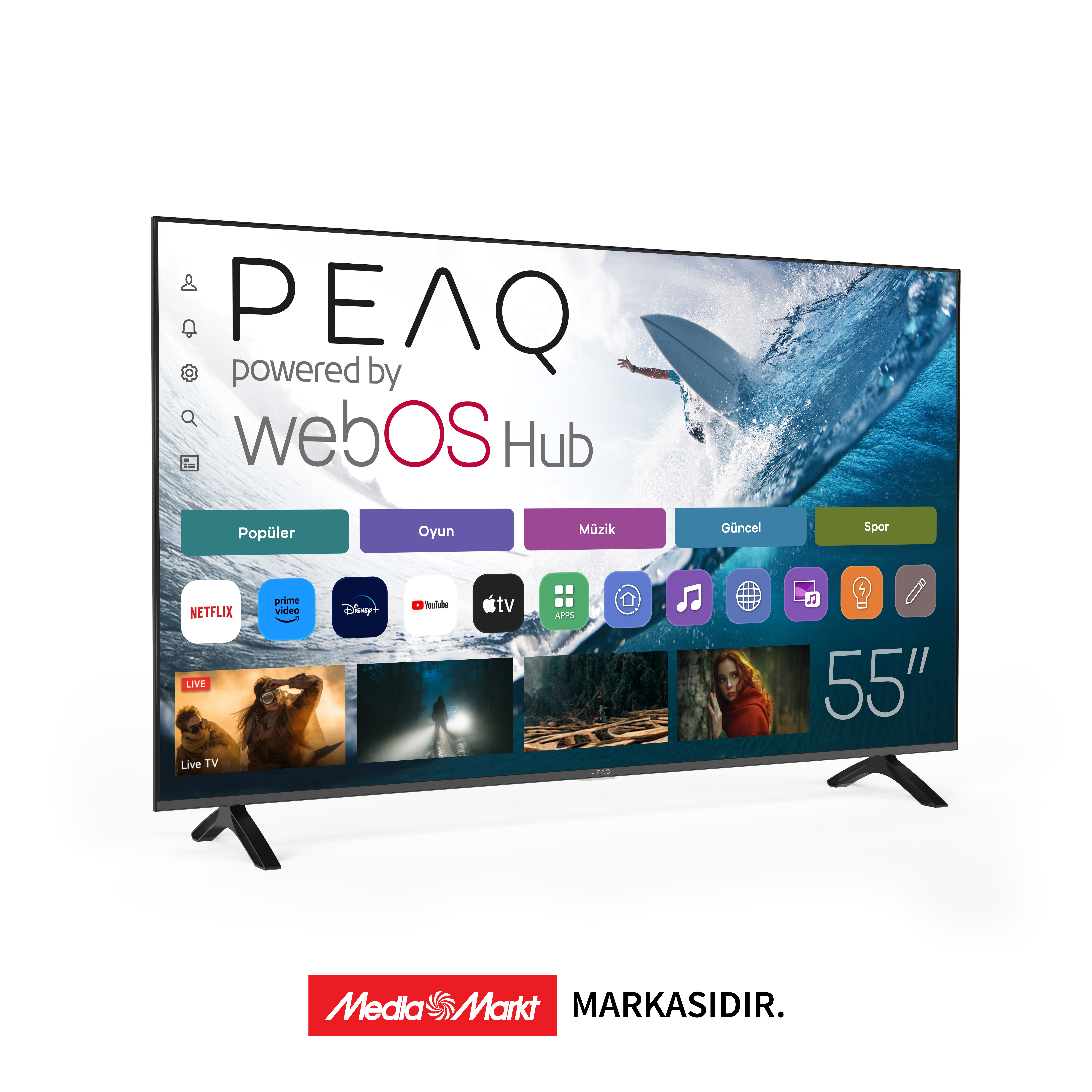 PEAQ TV, sörf yapan bir görüntü gösteriyor. Netflix ve YouTube gibi uygulamalar görünür. TV, MediaMarkt logosu ile beyaz bir yüzeyde duruyor.