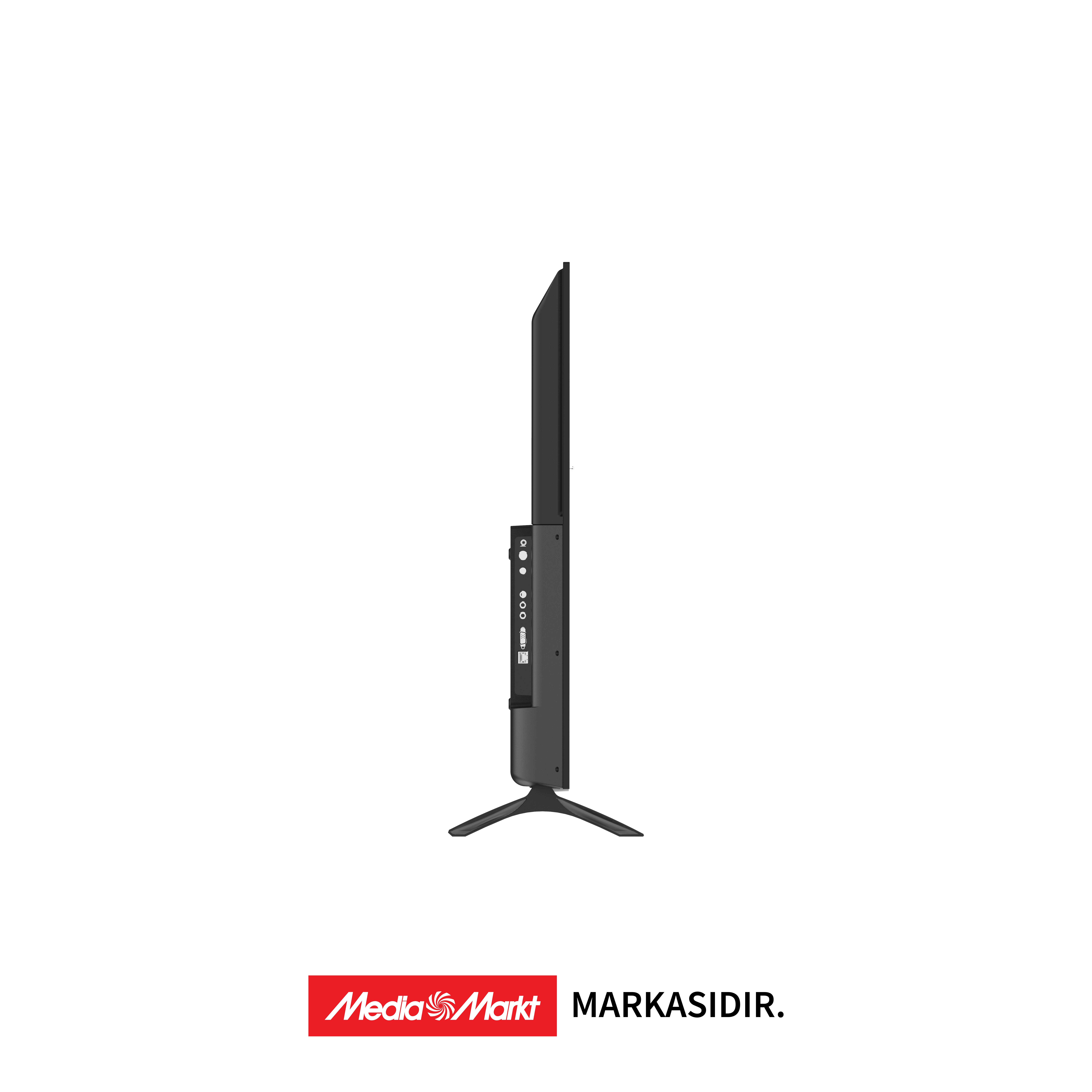 Siyah bir TV'nin yan görünümü. Bir standı, bağlantı noktaları ve altta bir MediaMarkt logosu var.