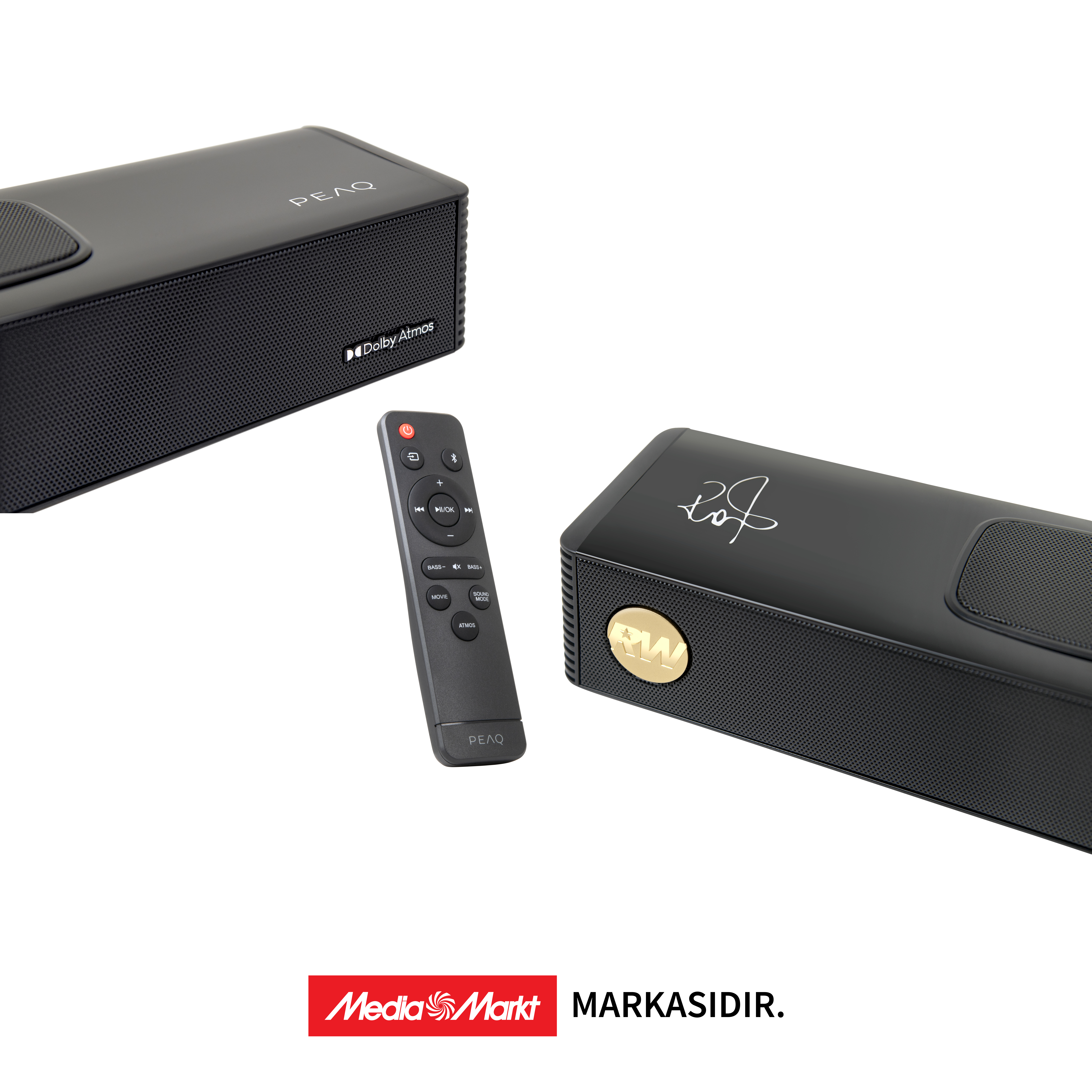 Siyah soundbarlar, uzaktan kumanda ve logo. Dolby Atmos yazısı. Alt kısımda Media Markt ve MARKASIDIR logoları.