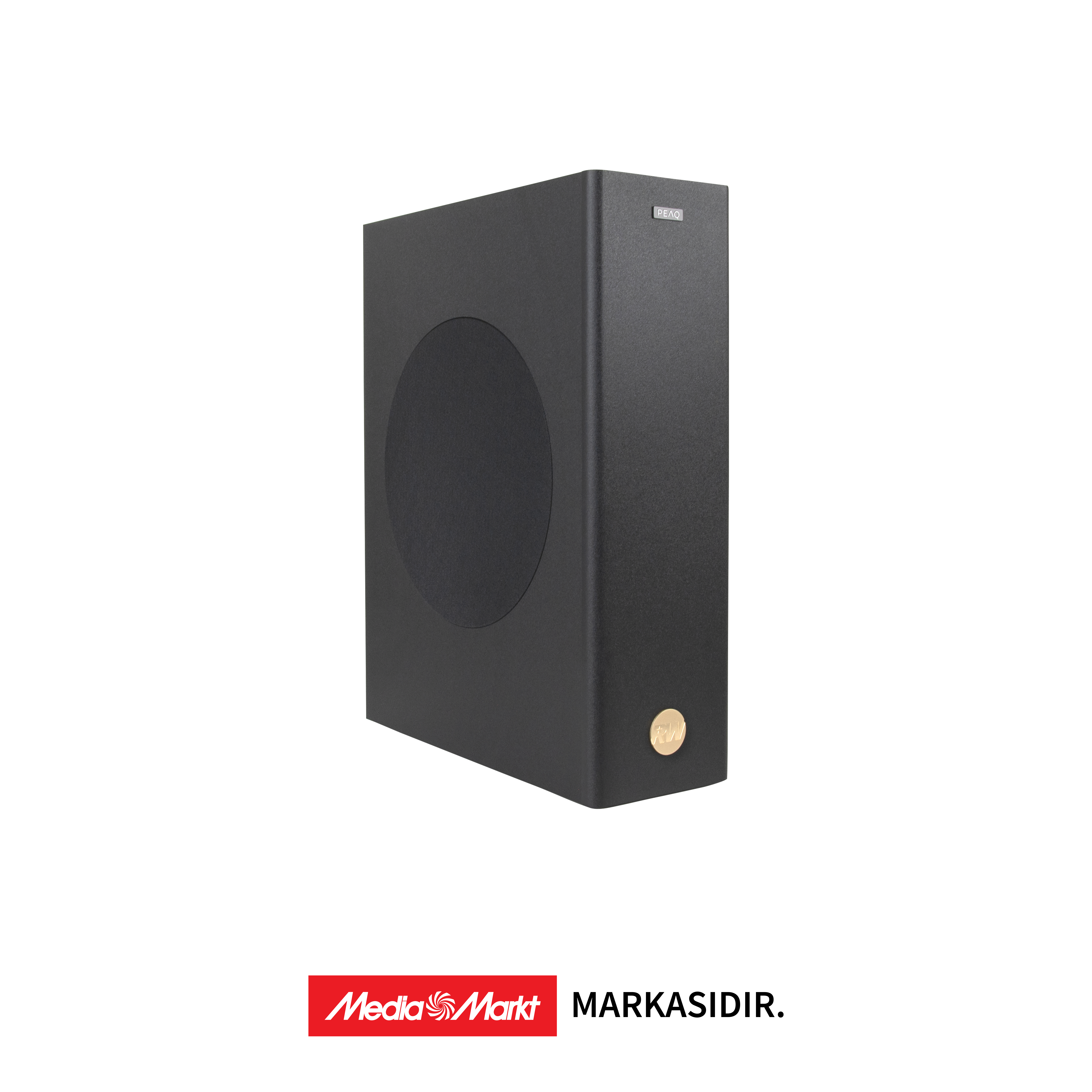 Dairesel açıklıklı siyah bir hoparlör. Alt kısımda Media Markt logosu ve 'MARKASIDIR' yazısı.