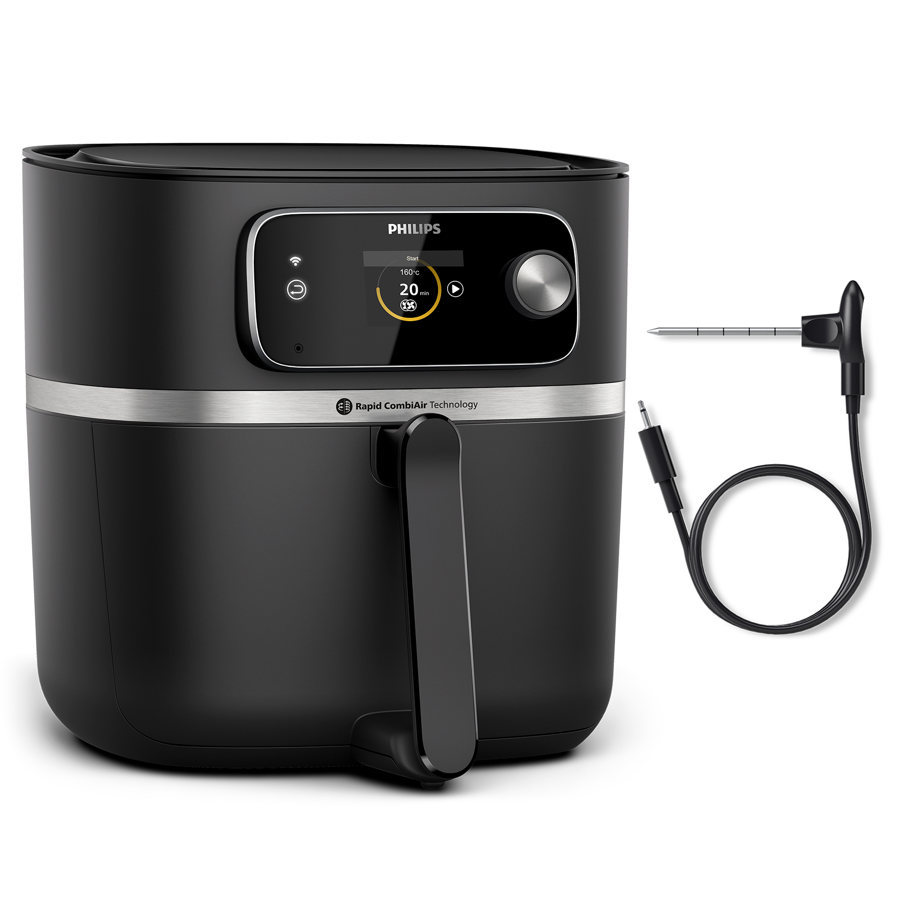 Friteuse à air Philips noire avec garniture argentée, écran et sonde à viande sur fond blanc.