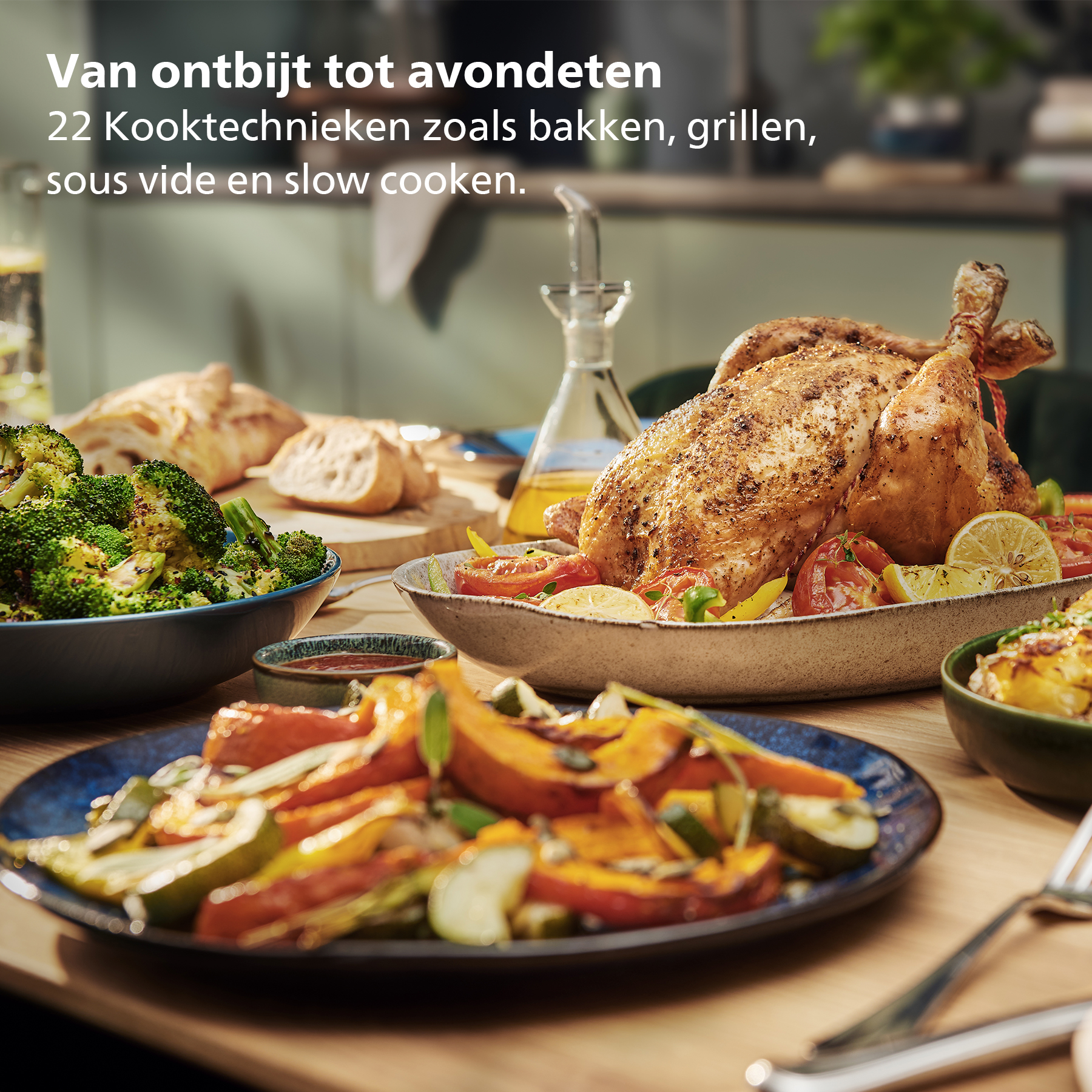 Roasted chicken with vegetables on a table. Broccoli, squash, bread, and oil are also present. Text: Cooking techniques.