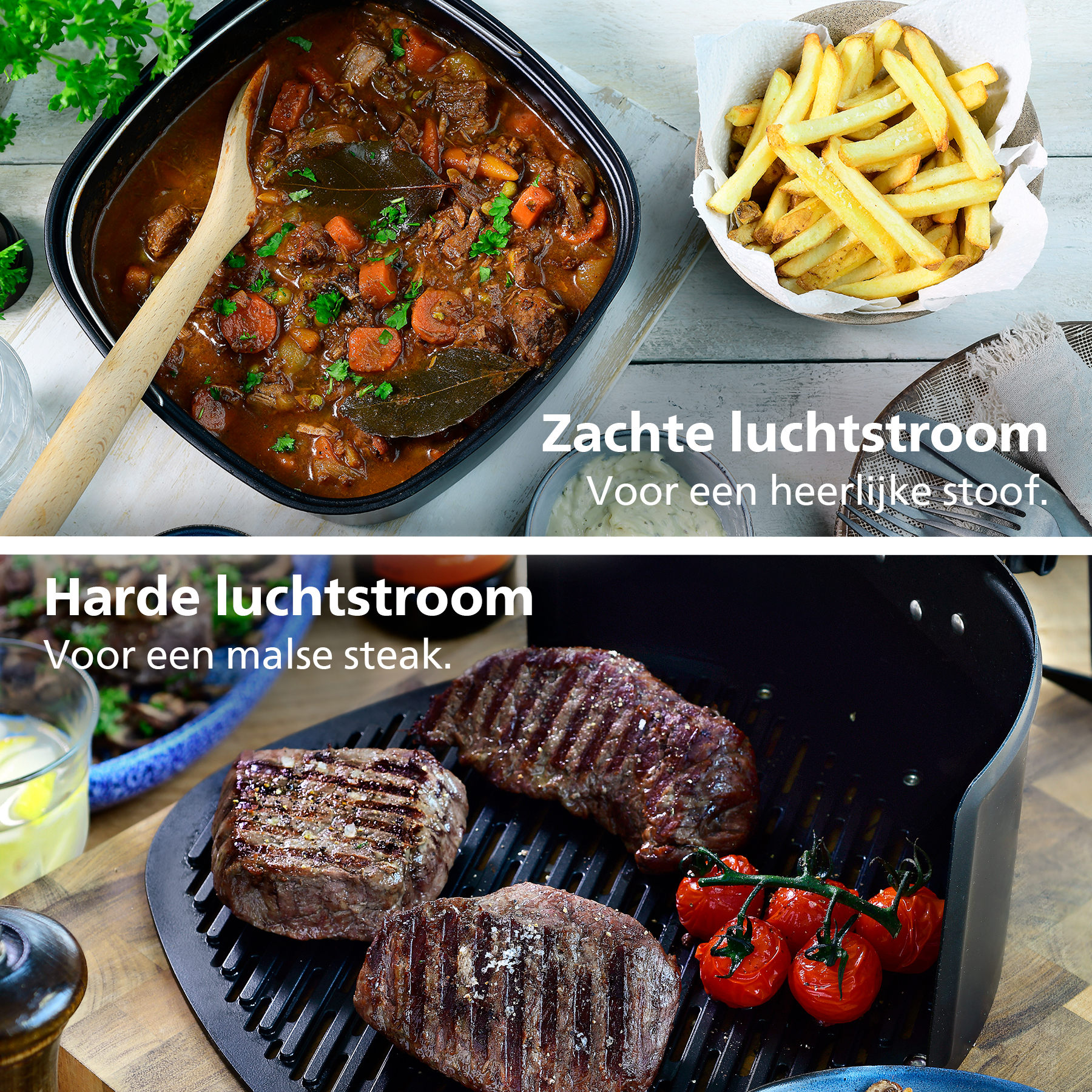 Top: Stew and fries. Bottom: Grilled steaks and tomatoes. Wooden table, black grill.