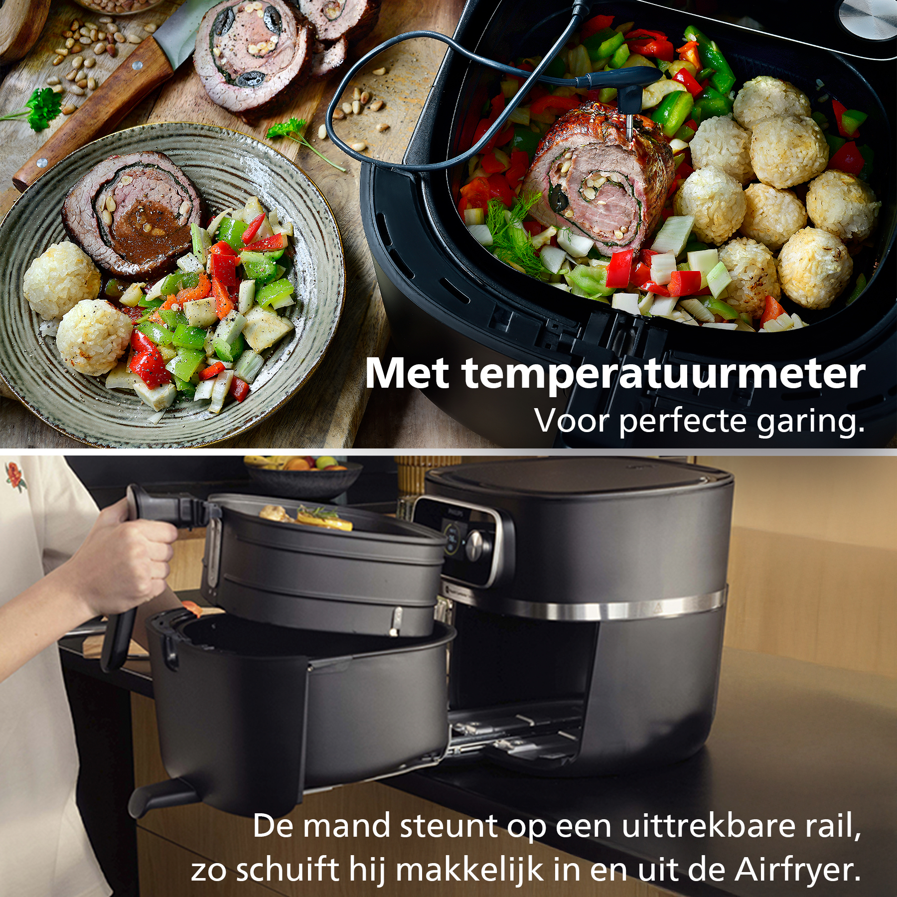 Image shows cooked meat and vegetables. An air fryer is present, alongside a person using the device.