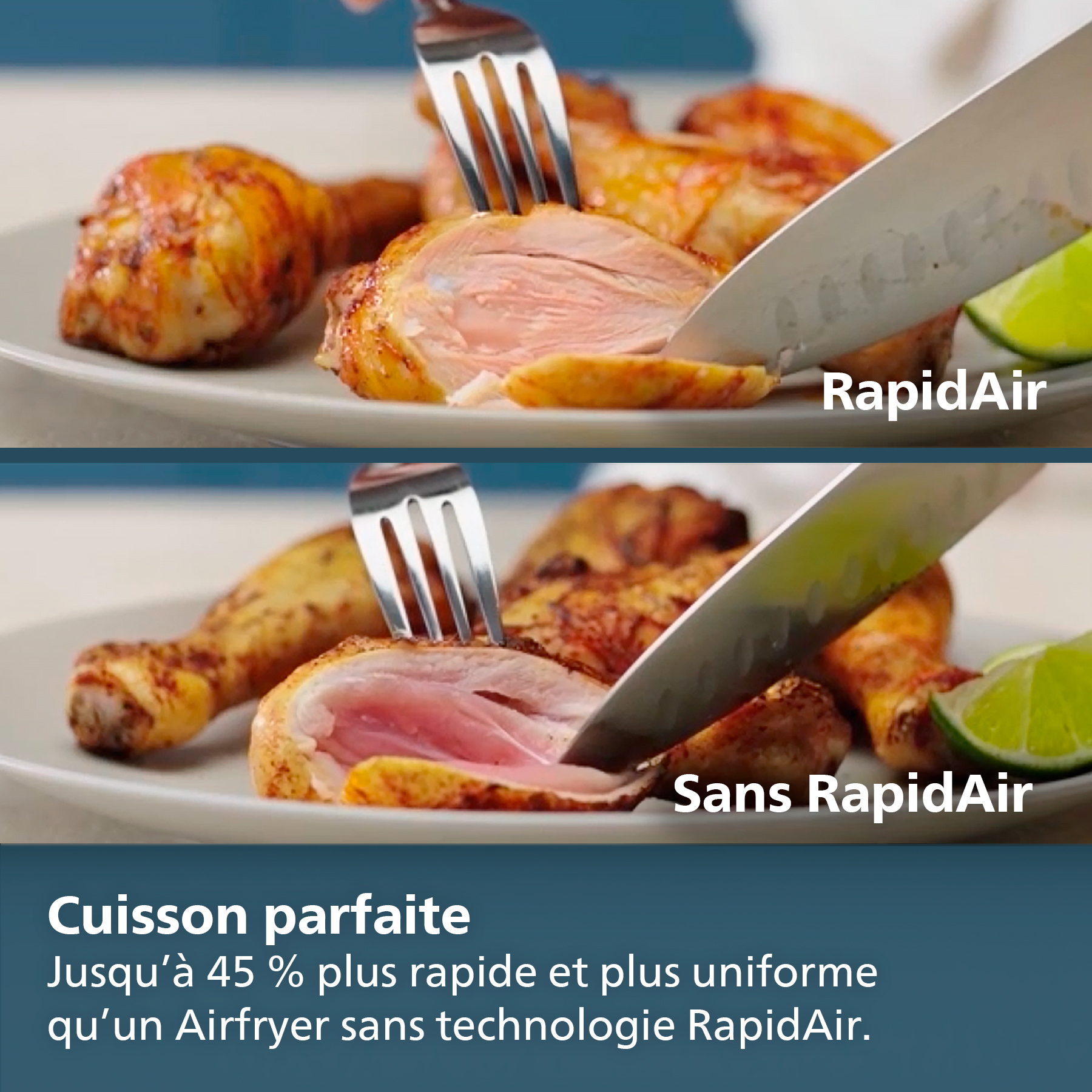L'image montre du poulet en train d'être coupé. Un avec RapidAir et un autre sans. Le couteau coupe, révélant la viande.