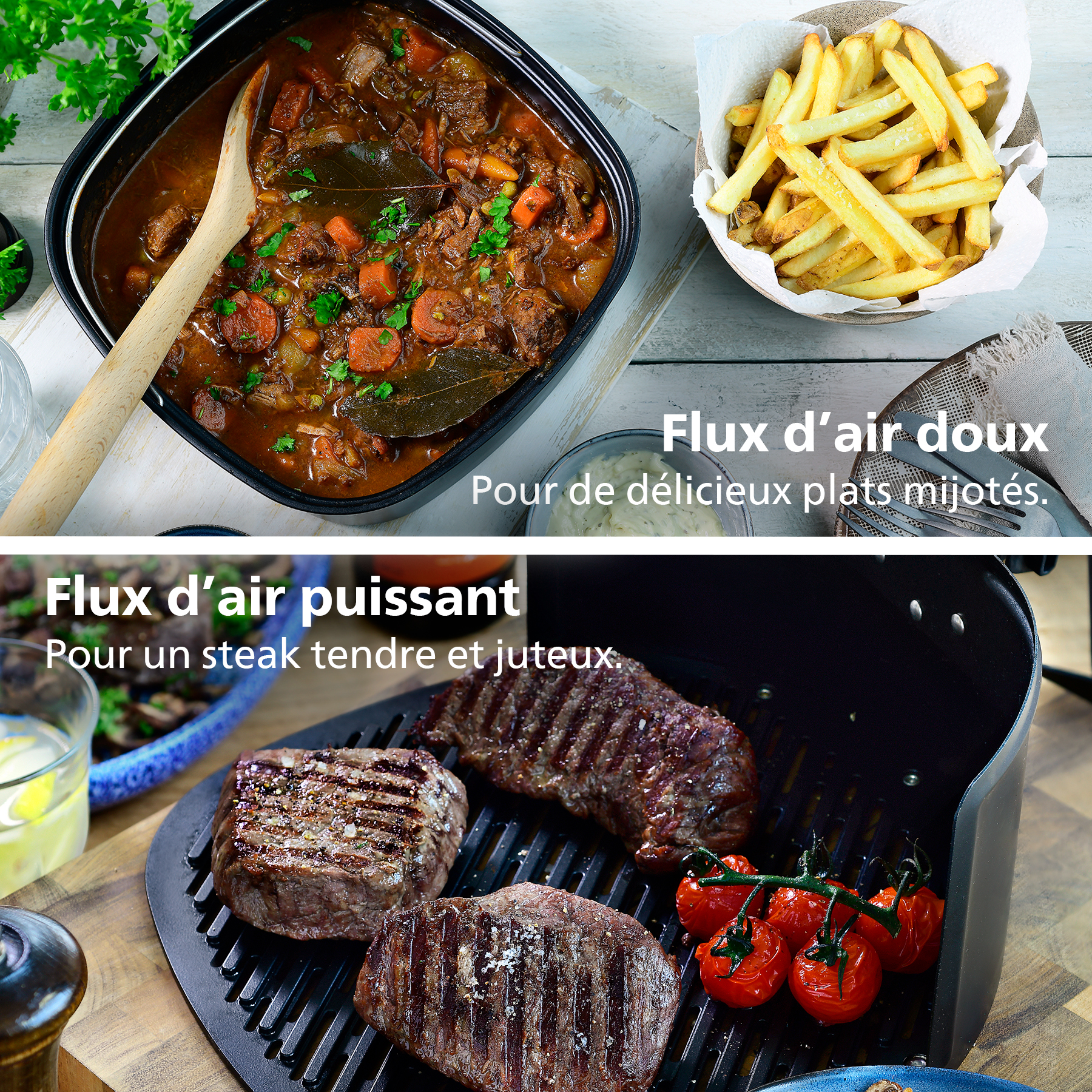 Haut: Ragoût et frites. Bas: Steaks grillés et tomates. Texte: flux d'air doux pour ragoûts, puissant pour steaks.