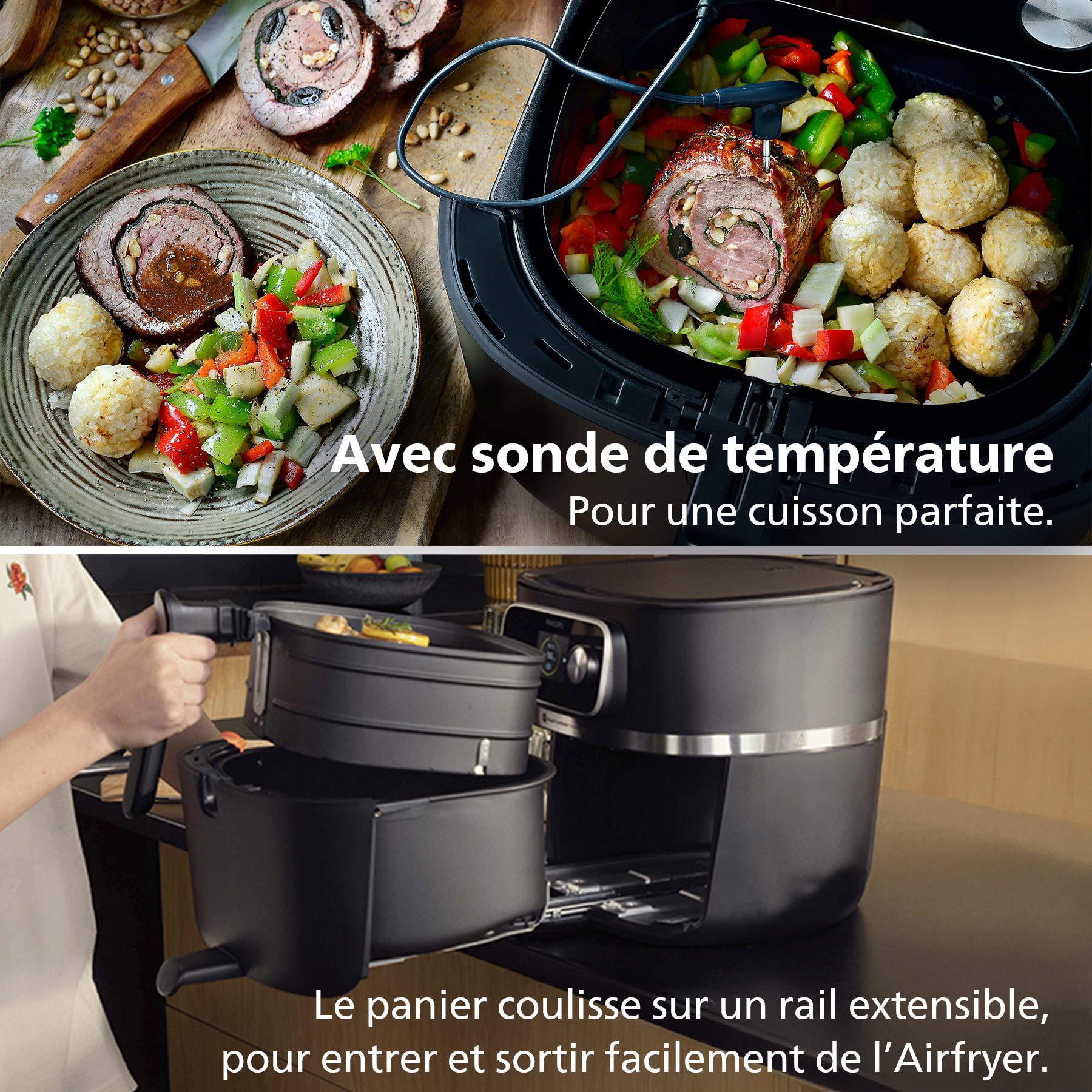 Un airfryer avec nourriture, une personne l'utilisant, et du texte promouvant des fonctionnalités comme une sonde de température.