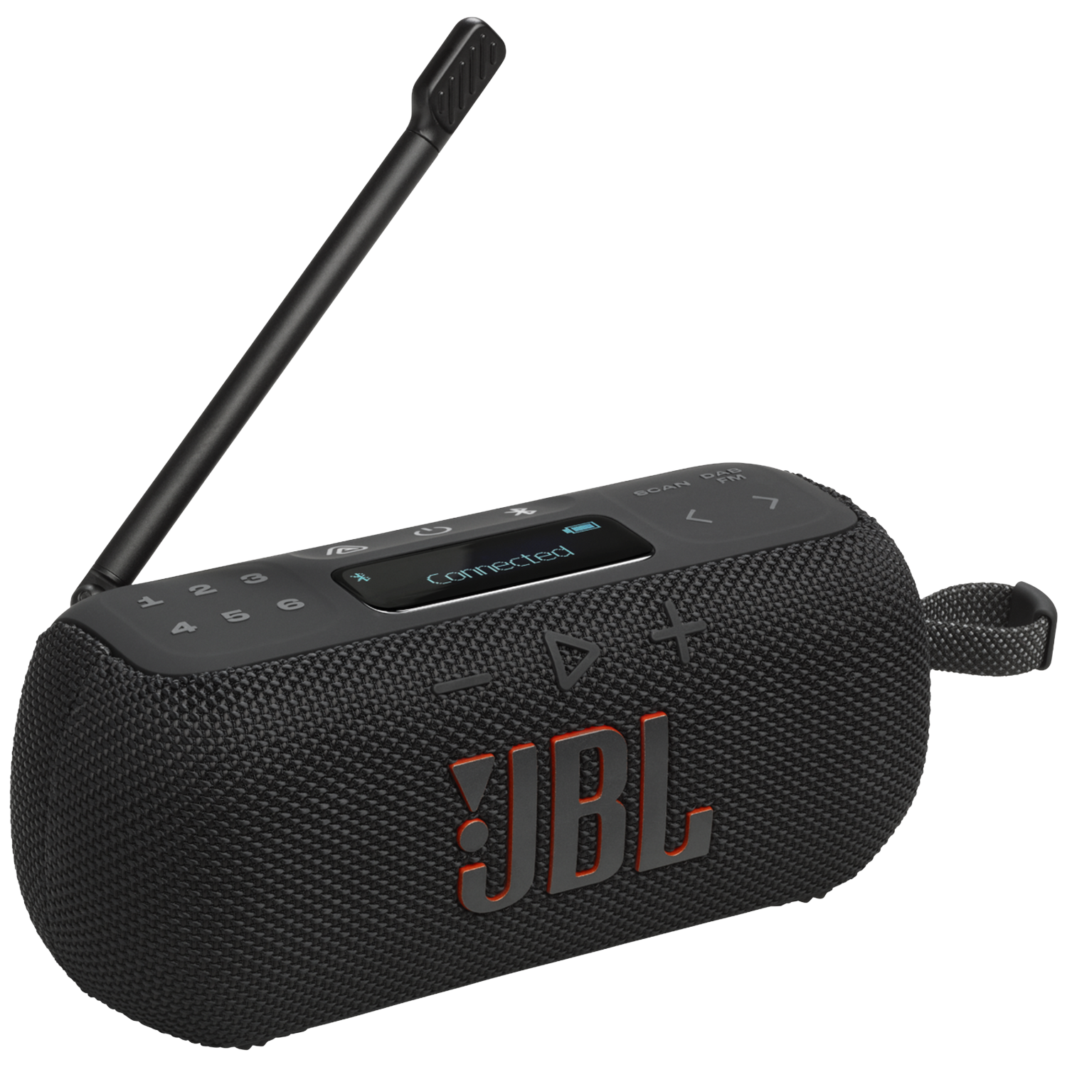 Zwarte JBL-luidspreker met antenne. Aangesloten display toont 'Connected'. JBL-logo in oranje. Handvat aan de zijkant.