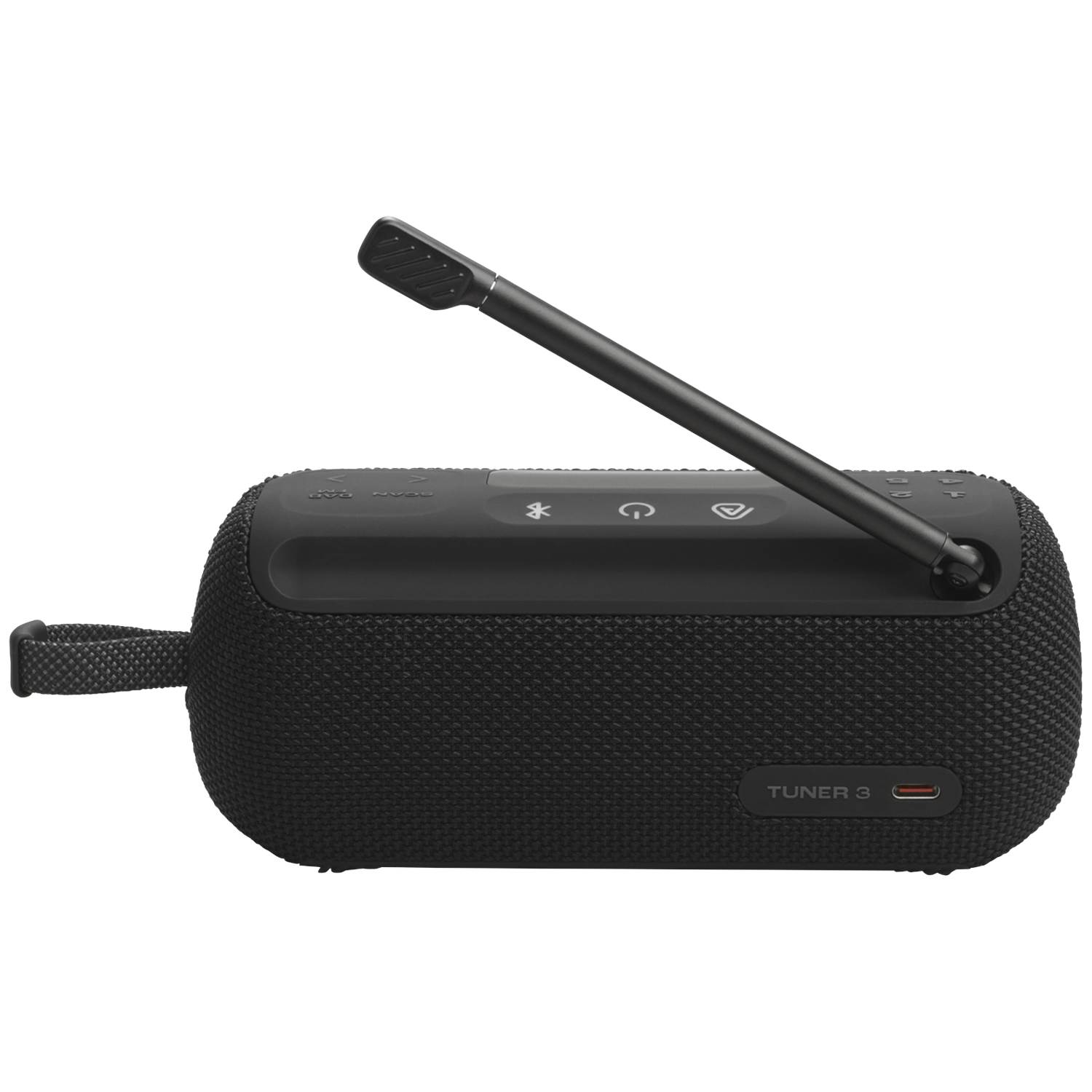 Zwarte draagbare luidspreker met antenne. Bedieningselementen bovenop. Handvat links. Label "TUNER 3" aan de zijkant.