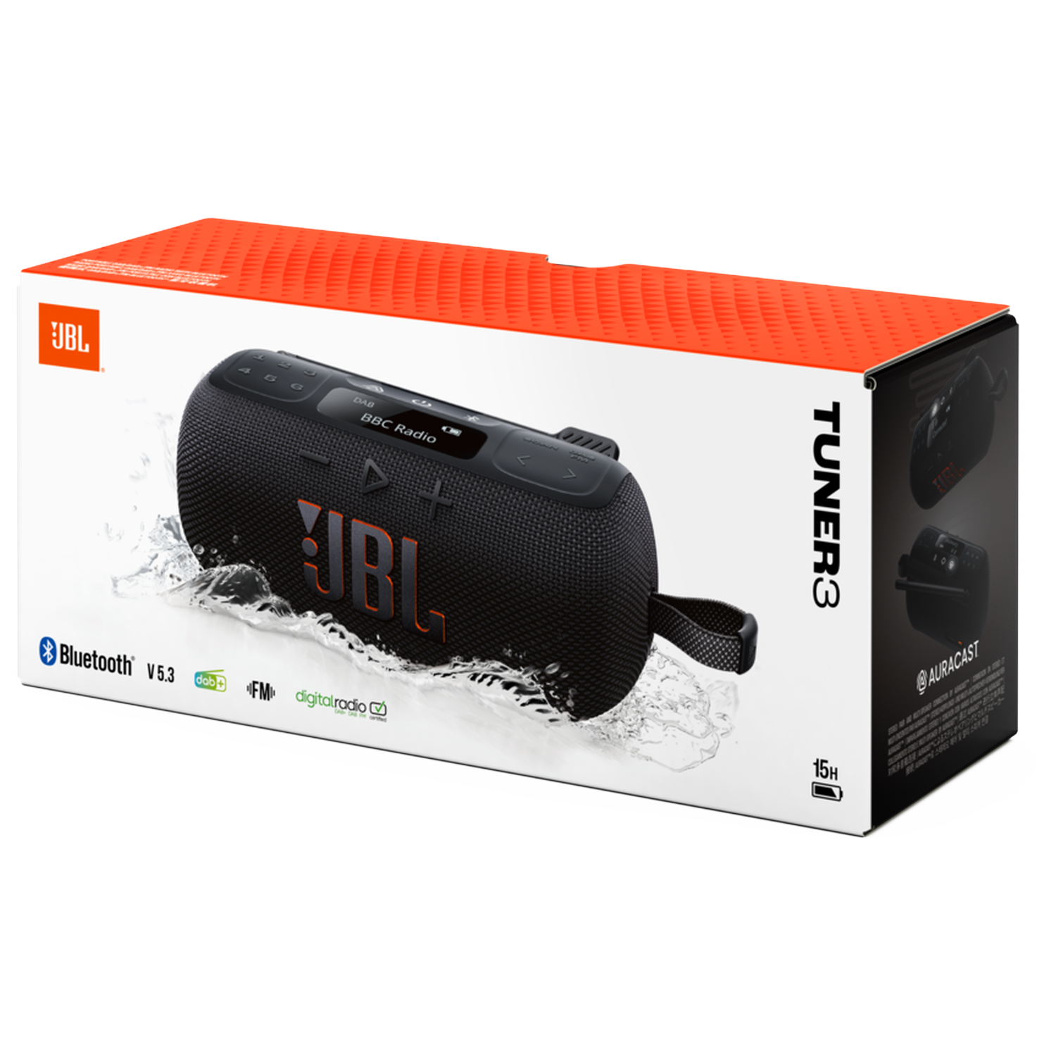 JBL Tuner 3 speakerbox. Zwarte speaker met oranje JBL logo. Oranje doos met witte accenten, Bluetooth logo en productdetails.