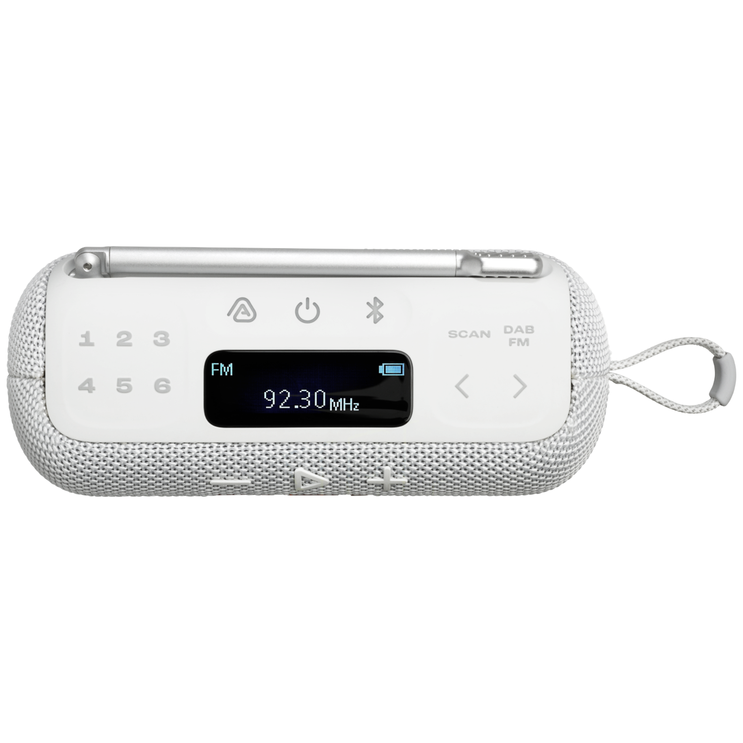 A white portable radio with a screen displaying 92.30 MHz. It has buttons for power, Bluetooth, and scan. A retractable antenna is visible.