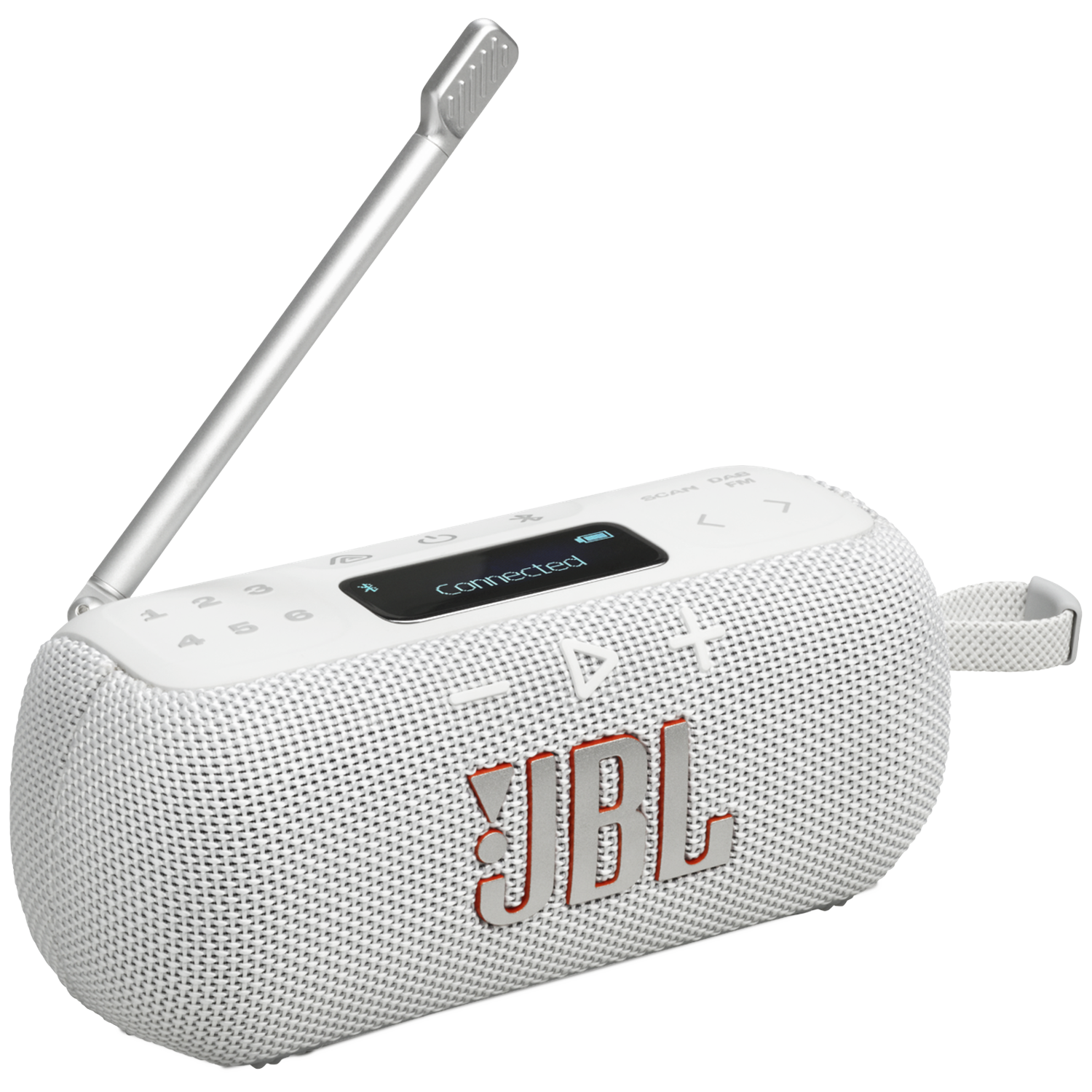 A white JBL speaker with a silver antenna. The screen displays 'Connected'. The JBL logo is red. The speaker has a fabric mesh.