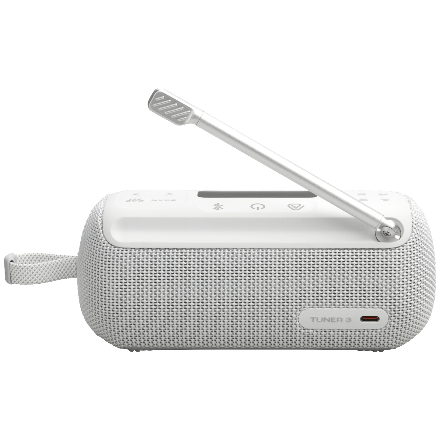 A white portable radio with a mesh speaker. It has an antenna extended, and a handle on the side. The word "TUNER 3" is visible.