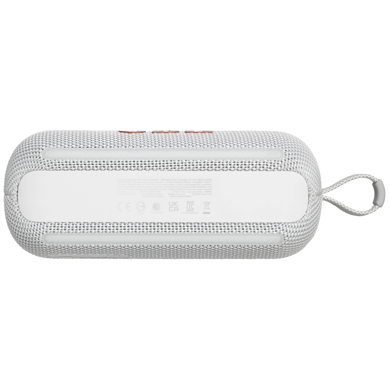 A white and gray portable speaker with a fabric cover, featuring a handle and control markings. The bottom has product information.