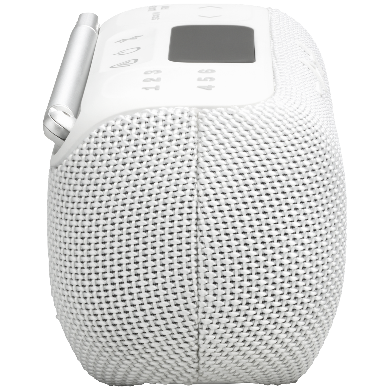 A white, oval-shaped speaker with a woven front. It has a small screen and a silver antenna. Numbers and symbols are visible.