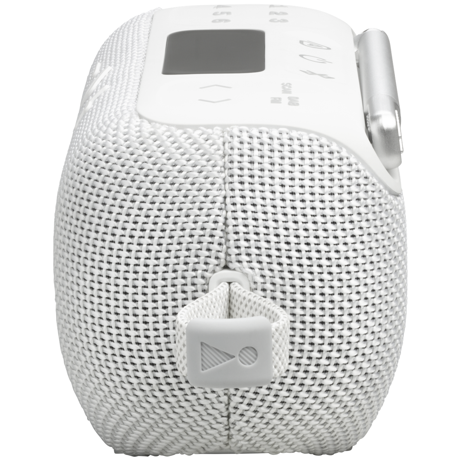 A white, oval-shaped speaker with a woven fabric texture. It has buttons, a screen, and a handle. A loop with a logo is visible.