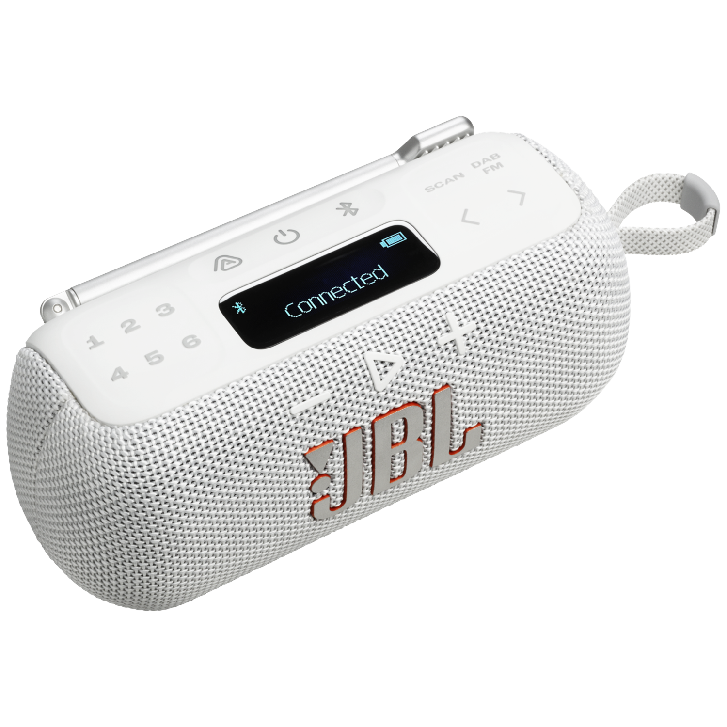 White JBL portable speaker, cylindrical shape, with a strap. It has buttons, a screen saying 'Connected,' and the JBL logo.