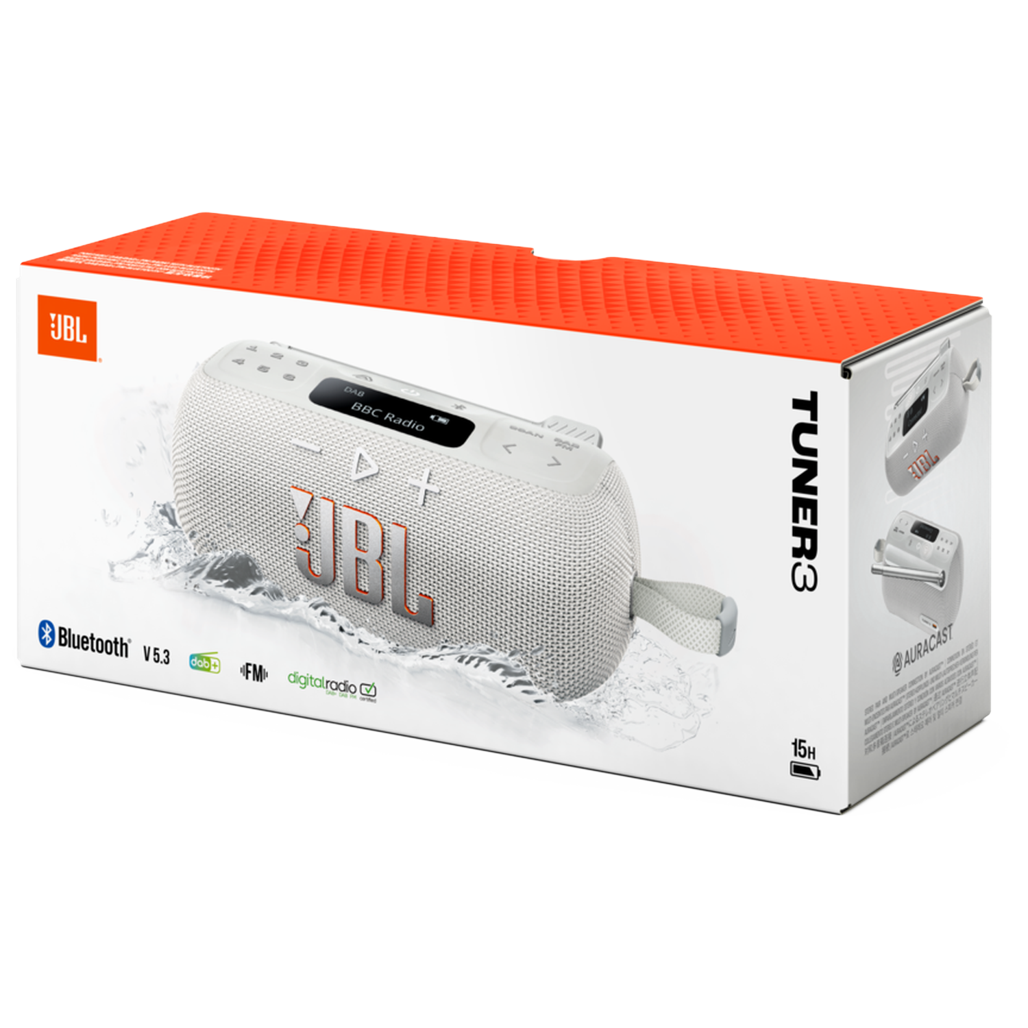 JBL Tuner 3 speaker in a box. White speaker with orange JBL logo. Box is white and orange with product info.