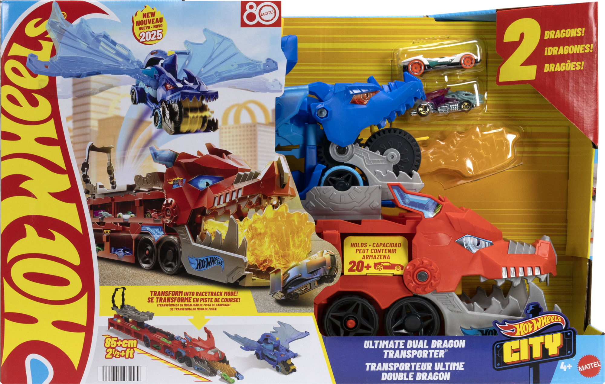 Hot Wheels Ultimate Dual Dragon Transporter Box. Enthält einen roten und blauen Drachen, Spielzeugautos und Text in mehreren Sprachen.