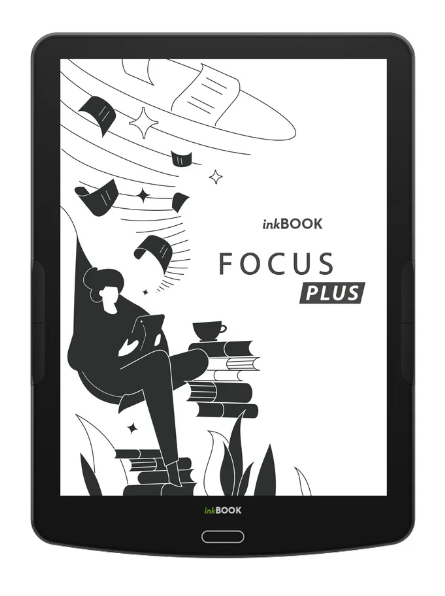 Ilustracja InkBOOK Focus Plus. Osoba czyta na stosie książek. Obecne są książki i filiżanka kawy. Książki i papier lecą.