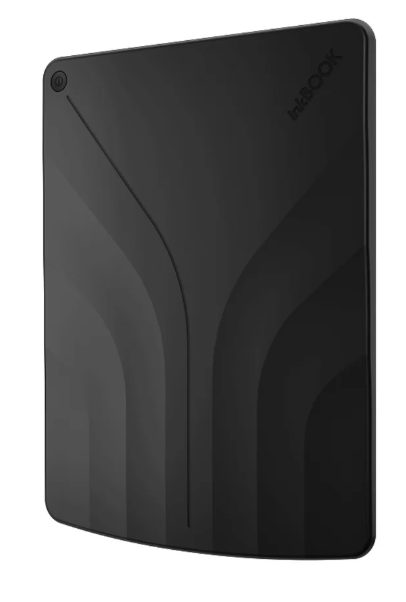 Czarny czytnik e-booków InkBOOK. Ma przycisk zasilania u góry po lewej i krzywe na okładce. Nazwa marki jest widoczna po prawej stronie.