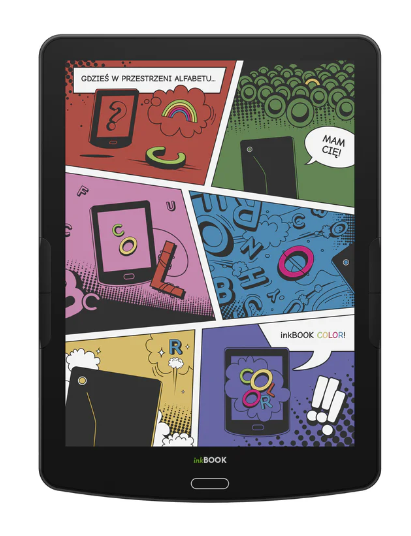 Czytnik e-booków w stylu komiksowym wyświetlający kolorowe panele z literami, przedmiotami i dymkami. Widoczne jest 'inkBOOK COLOR!'.