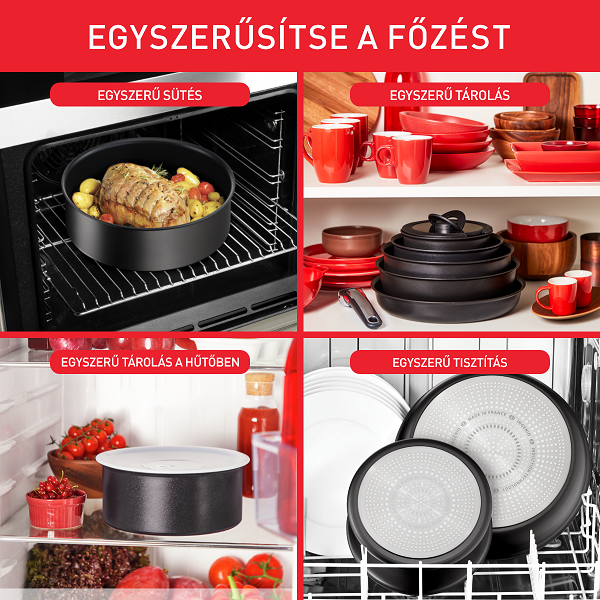 Négy kép a könnyű főzést bemutatva: sütés, tárolás szekrényben, hűtőszekrényben és mosogatógépben. Mindegyik konyhai eszközöket mutat.