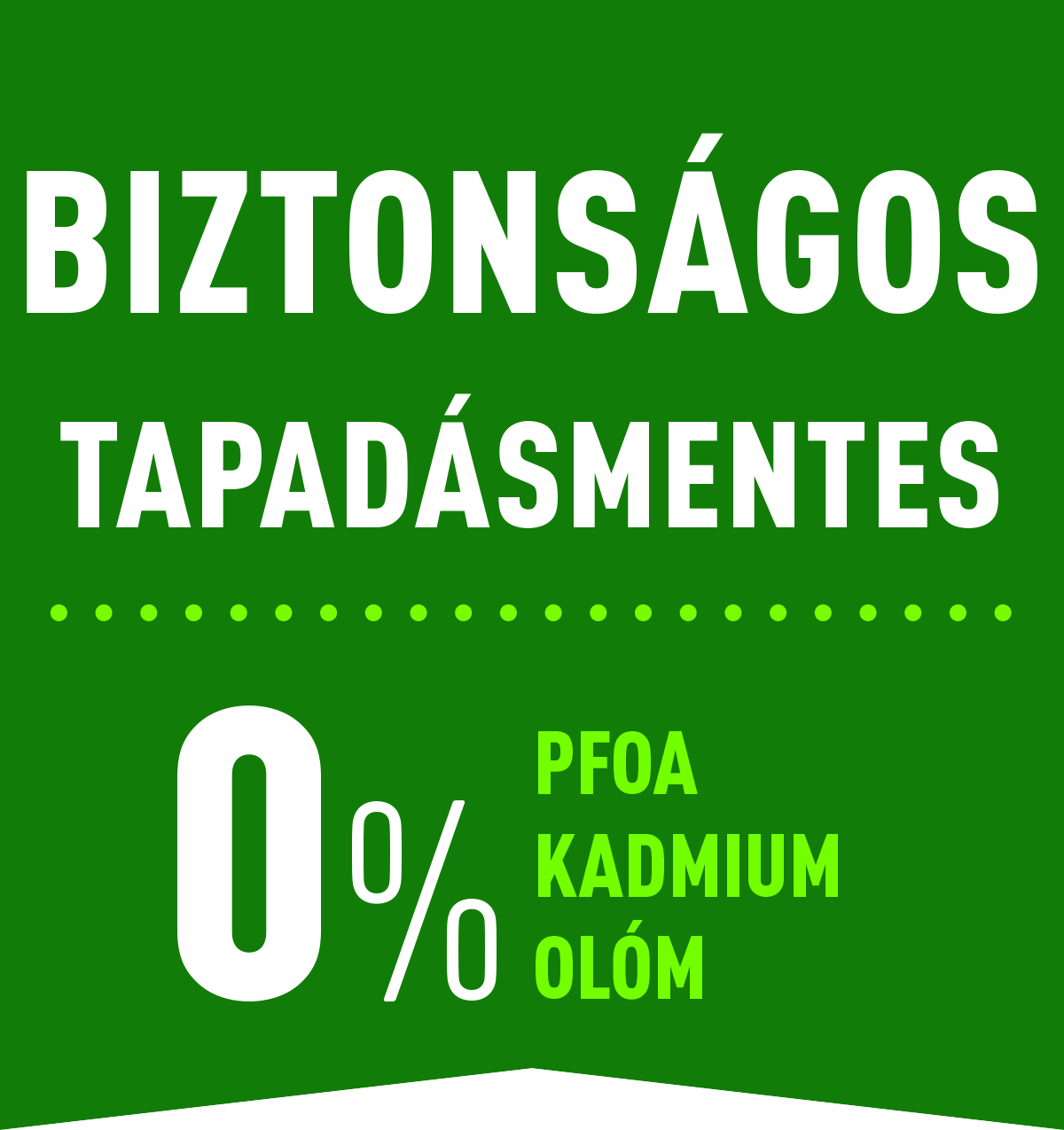 Zöld háttér fehér szöveggel: BIZTONSÁGOS, TAPADÁSMENTES, 0%, PFOA, KADMIUM, OLÓM. Zöld pontok felül.