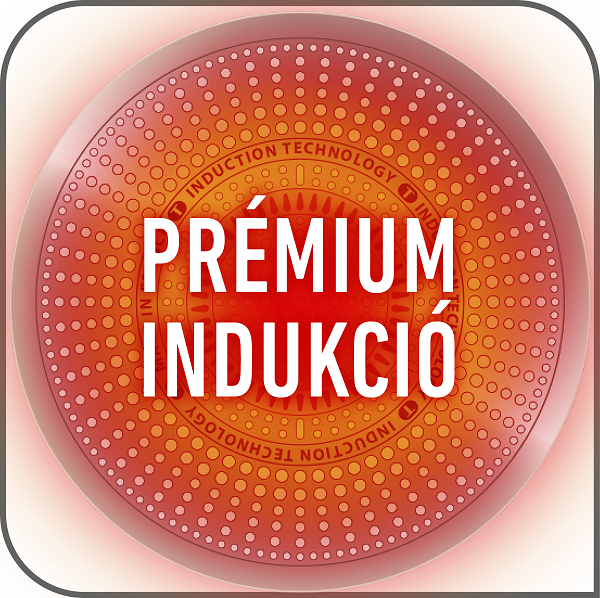 'PRÉMIUM INDUKCIÓ' feliratú kör alakú logó. Piros és narancs színátmenetes háttér, 'INDUCTION TECHNOLOGY' felirattal a szélén.