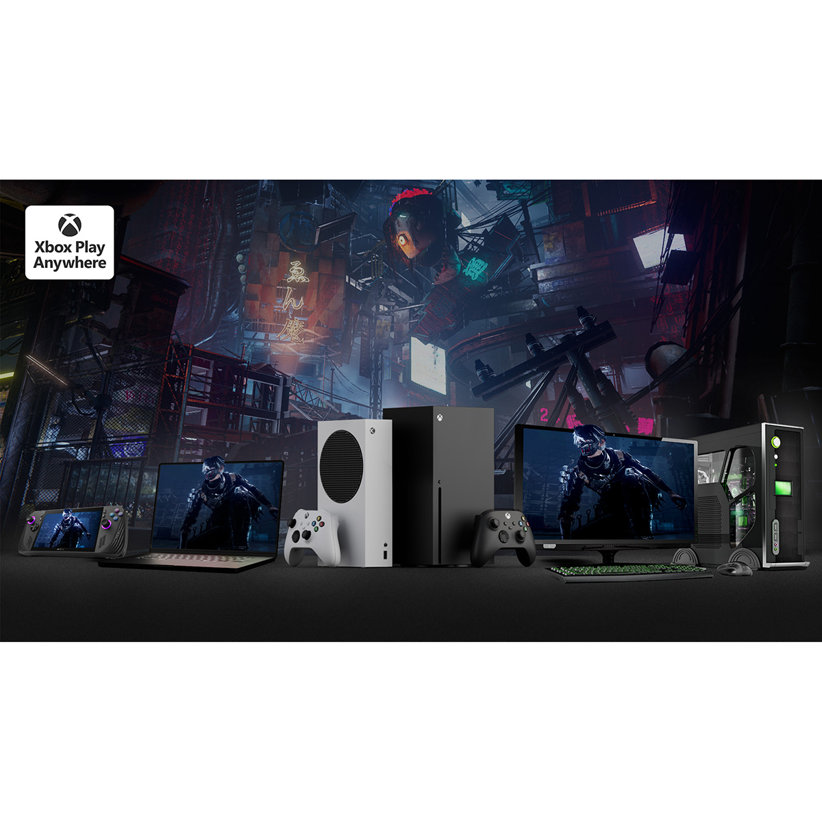 Configuración de juegos con consolas Xbox, mandos, portátiles y PC. El fondo presenta una ciudad futurista con luces de neón.