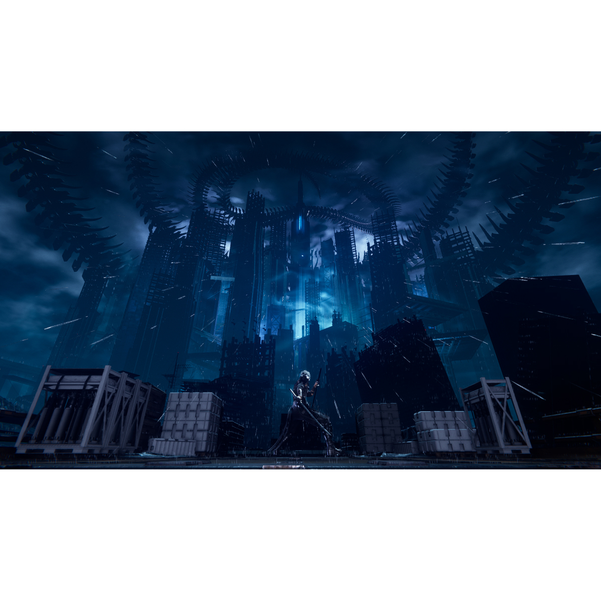 Una ciudad futurista con una figura en primer plano. Cielo oscuro y tormentoso. Edificios con diseños intrincados. Cajas al frente.