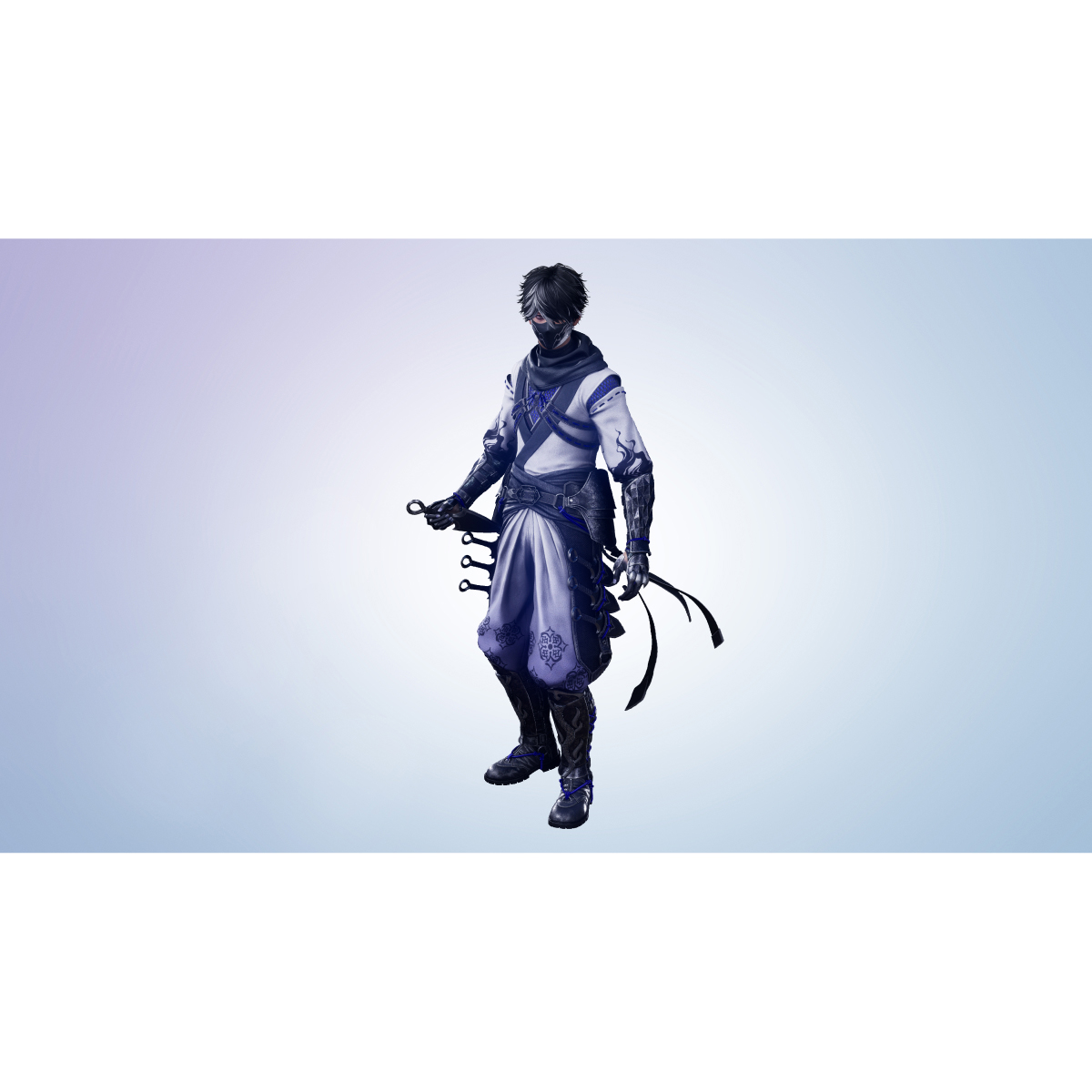 Un ninja enmascarado con atuendo blanco y azul sostiene armas. El fondo es un degradado azul y morado.