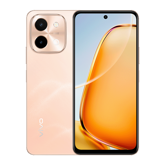 Ein roségoldenes Smartphone mit einem Bildschirm, der einen orangefarbenen Farbverlauf anzeigt. Es hat mehrere Kameras und die Marke 'vivo' ist sichtbar.