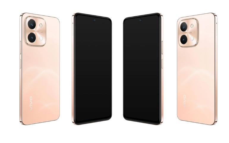 Vier roségoldene Smartphones werden gezeigt. Zwei Telefone zeigen die Vorderseite mit schwarzen Bildschirmen, zwei die Rückseiten mit Kameras und dem Vivo-Logo.