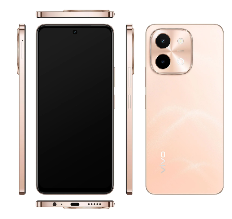 Ein roségoldenes Smartphone, Vorder- und Seitenansichten, mit Bildschirm, Tasten und Kameradetails. Rückansicht zeigt Kamera und Marke.