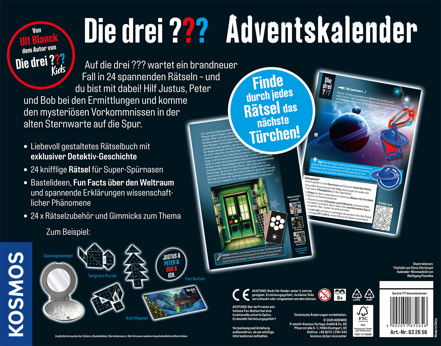 Adventskalender mit Die drei ??? Thema. Enthält Rätsel, Weltraumfakten und Zubehör.