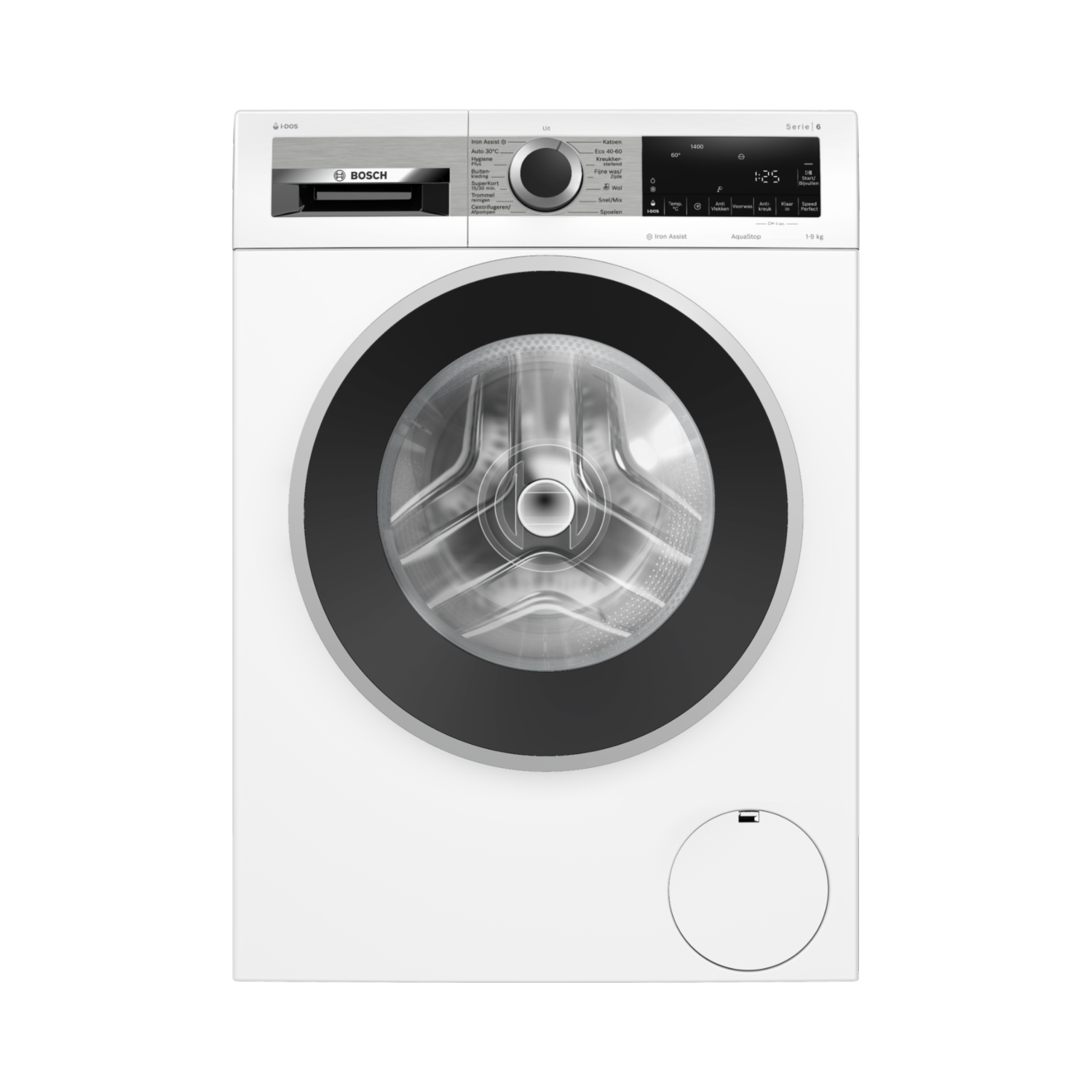 Een witte Bosch wasmachine met zwarte deur en bedieningspaneel. Het heeft verschillende instellingen en een digitaal display.