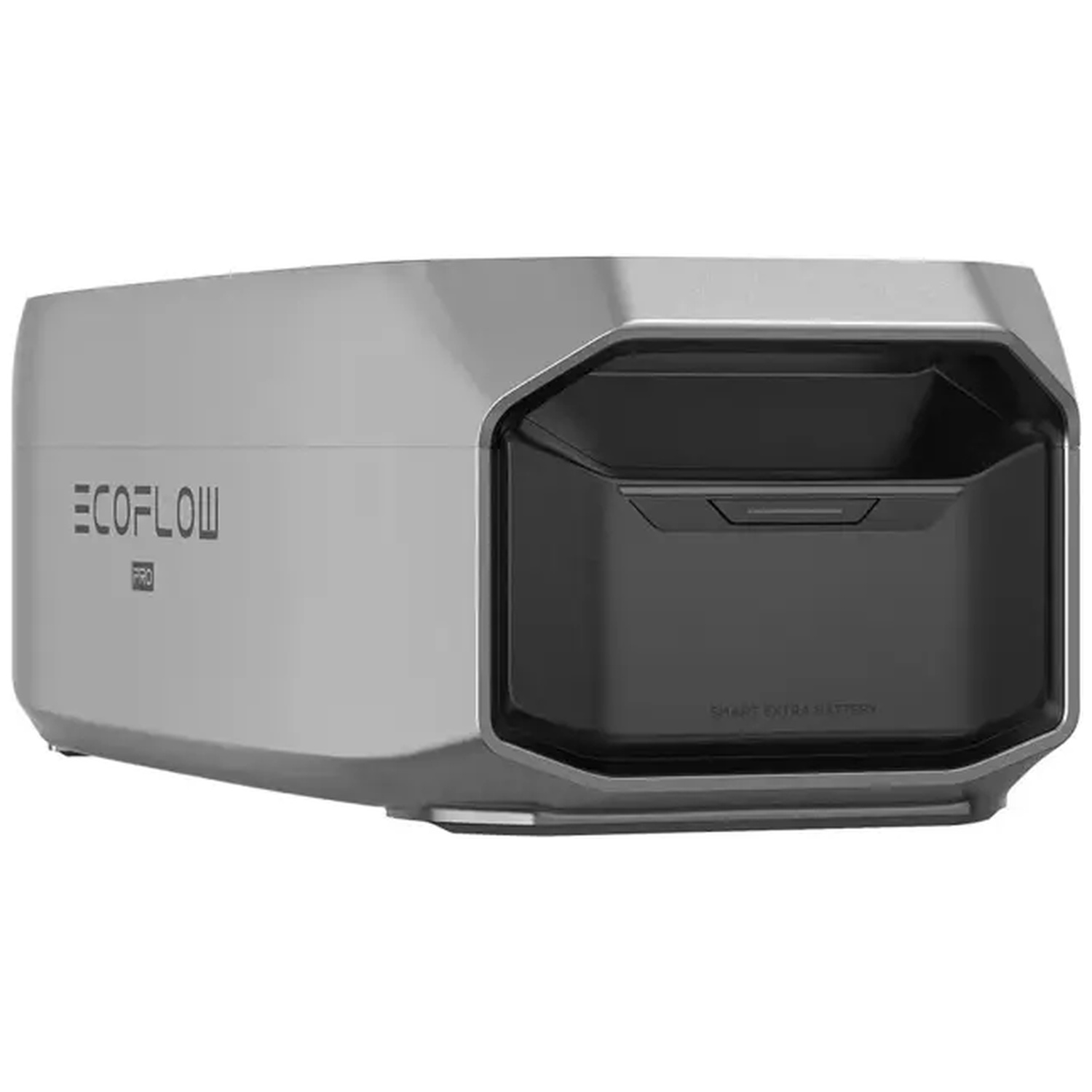 Een zilverzwarte EcoFlow Pro-centrale. Het heeft een zwart voorpaneel en de woorden 'Smart Extra Battery' zijn zichtbaar.