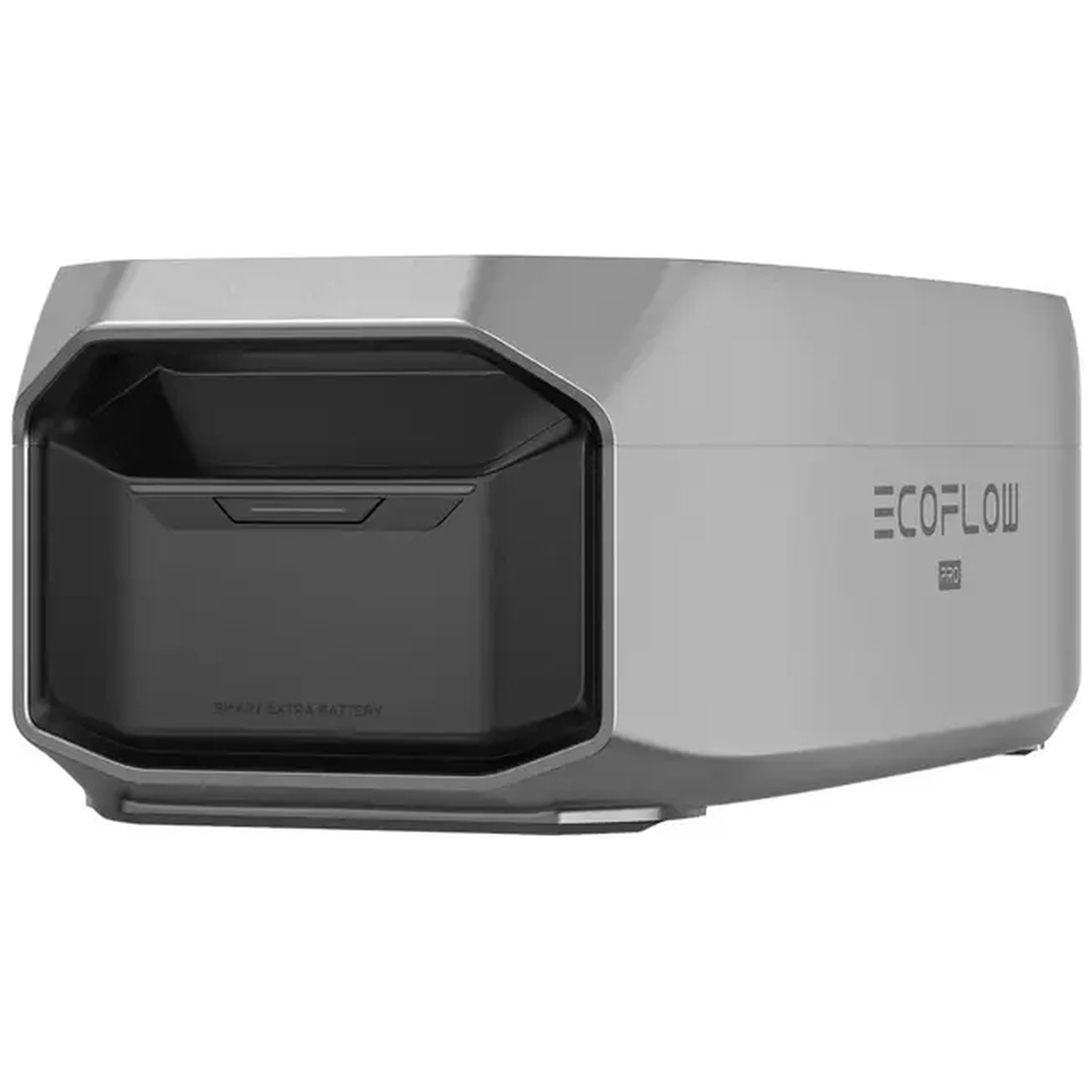 Een grijs EcoFlow Pro Smart Extra Battery-apparaat. Het heeft een zwart voorpaneel en de merknaam aan de zijkant.