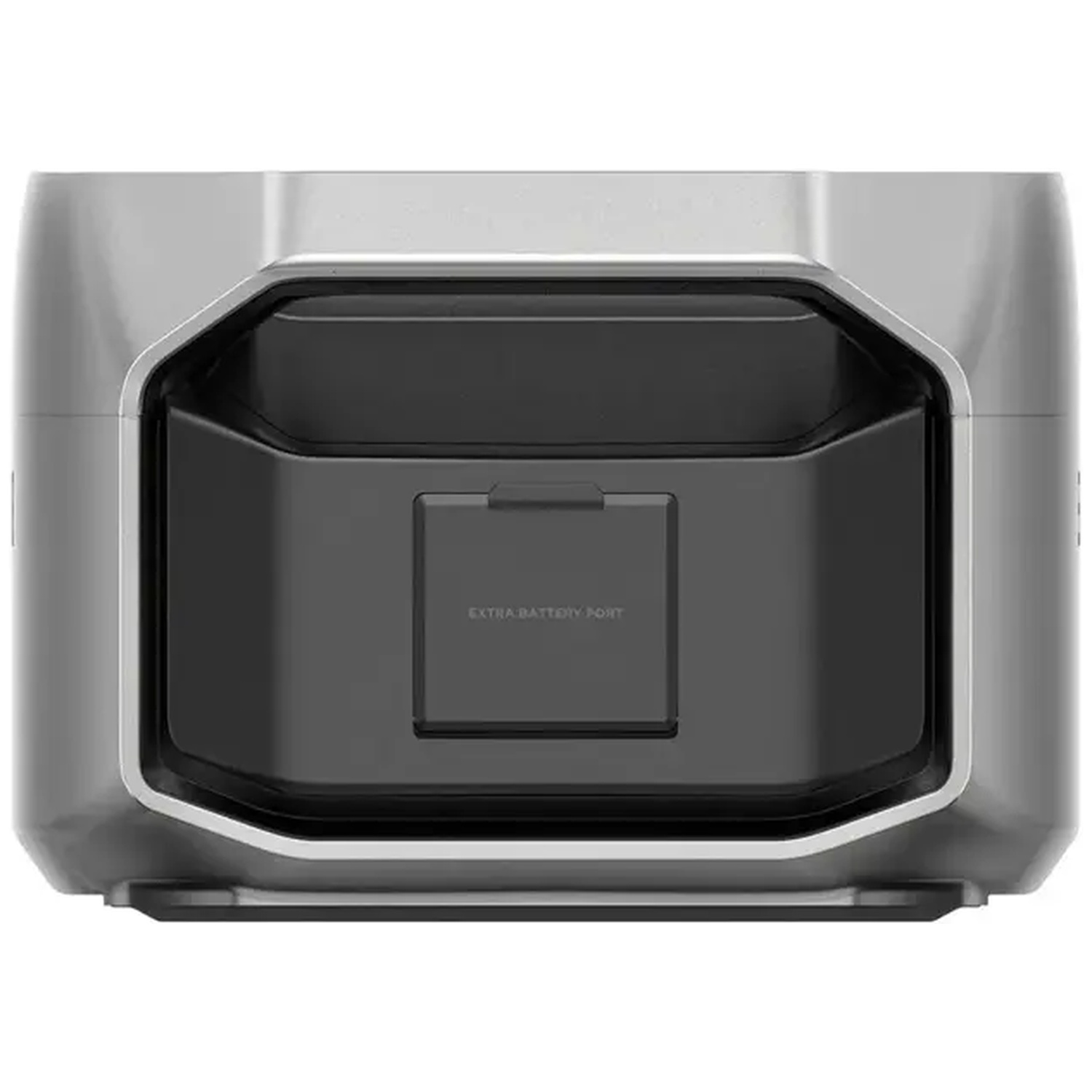 Een zilver en zwart apparaat met een rechthoekige vorm. Het heeft een centraal zwart compartiment met het label 'EXTRA BATTERY PORT'.