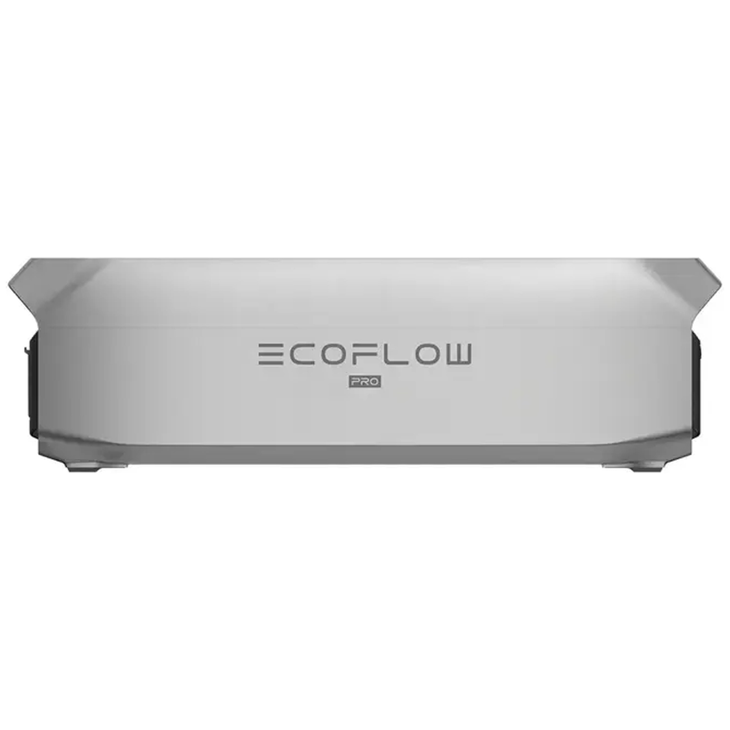 Een rechthoekig, zilverkleurig EcoFlow Pro-apparaat. De merknaam staat op de voorkant. Het apparaat heeft een modern, minimalistisch ontwerp.