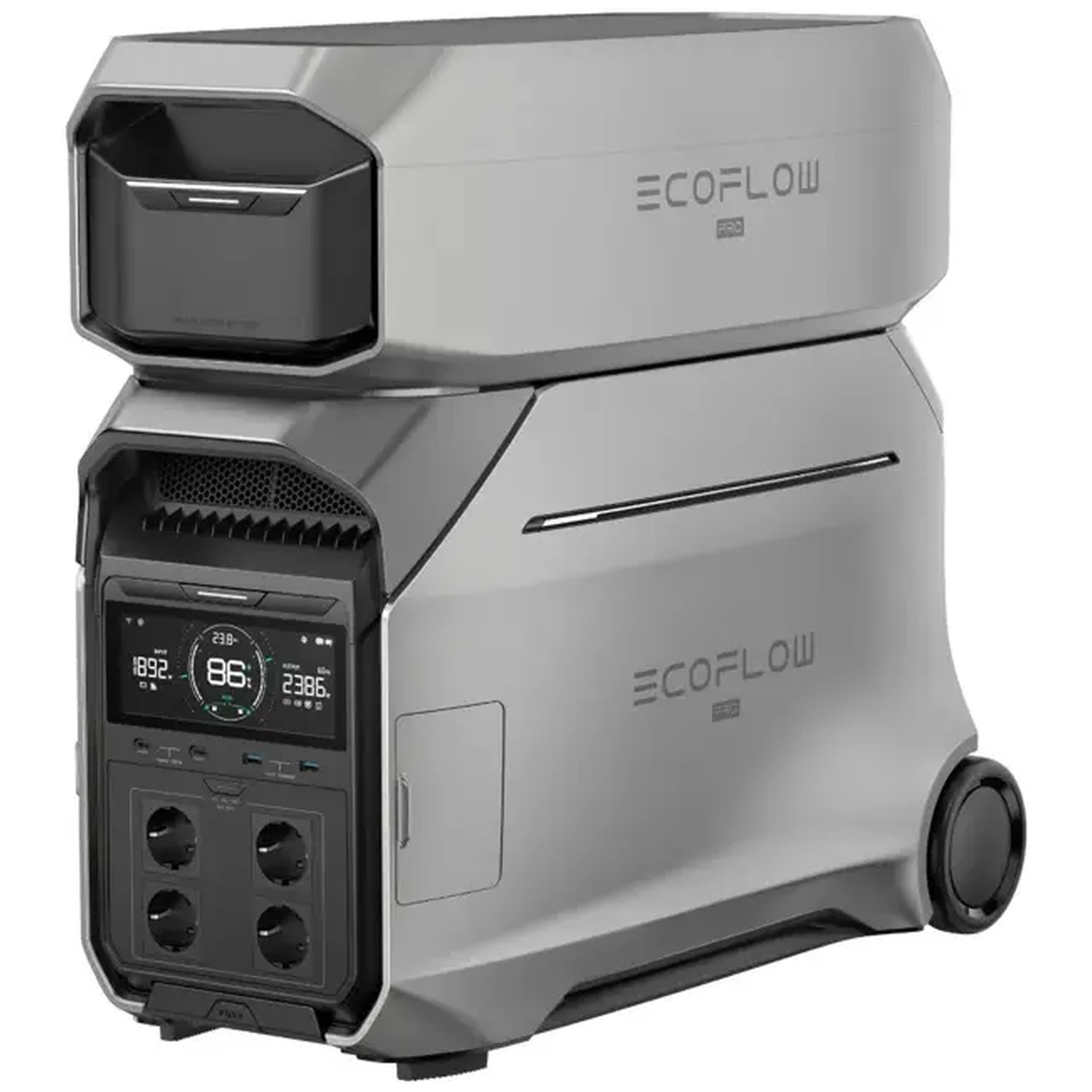 Een zilverkleurig EcoFlow Pro-energiestation. Het heeft een digitaal display en meerdere stopcontacten. Het station heeft een handvat en wielen.