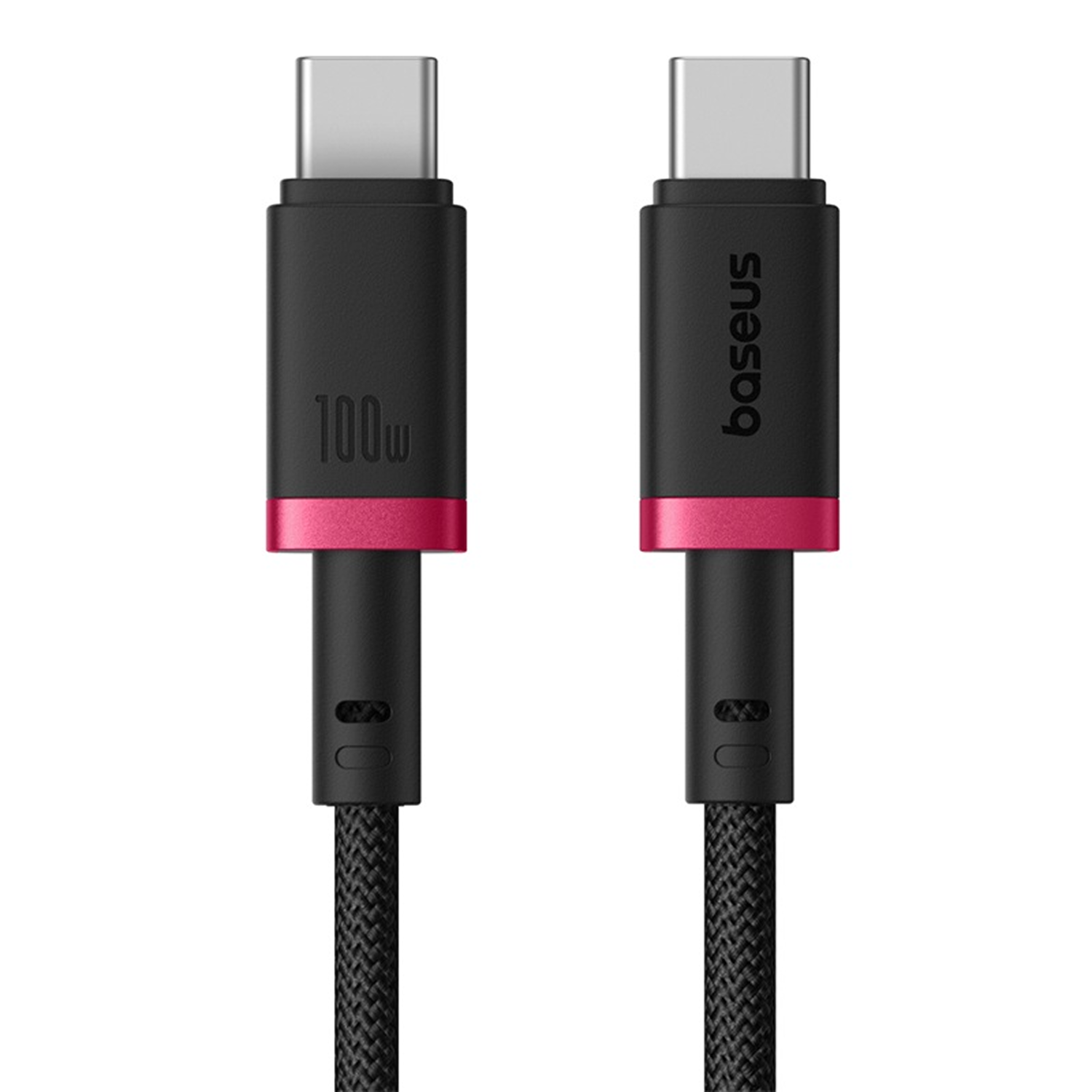 Dos cables de carga USB-C. Cables negros con detalles rosas. Uno muestra '100w', el otro 'baseus'.