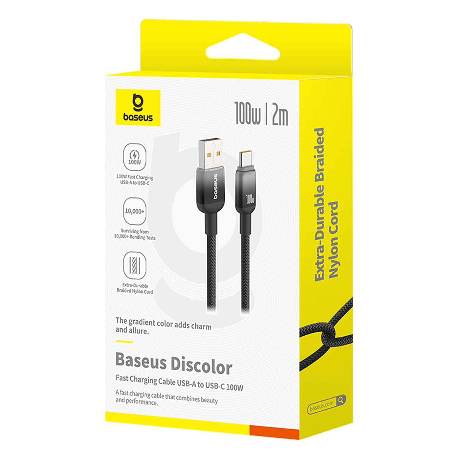 Caja de cable Baseus Discolor USB-A a USB-C. Caja amarilla y blanca con imagen de cable. Texto: 100W, cable de nylon trenzado, carga rápida.