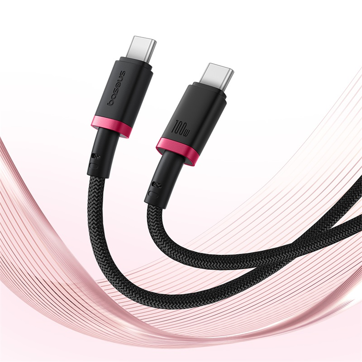 Dos cables USB-C negros, detalles rosas, conectores blancos. El cable es trenzado. Fondo con líneas onduladas rosas.