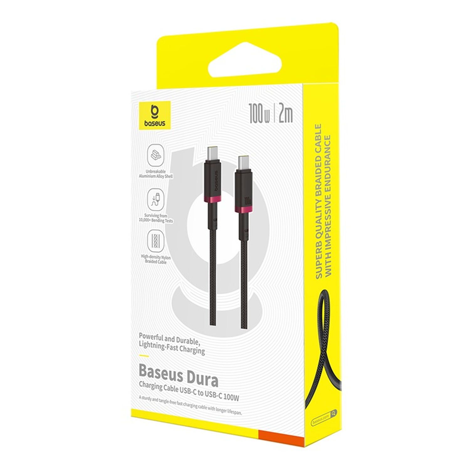 Caja del cable de carga Baseus Dura. Cable negro con detalles rosas. Texto incluye '100W', '2m' y 'USB-C'.