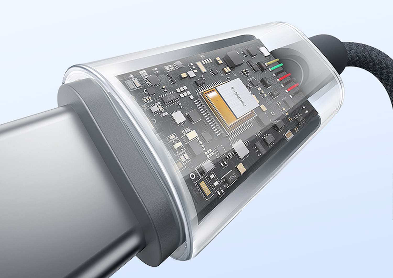 Primer plano de un conector de cable USB-C con una carcasa transparente que muestra la placa de circuito y los cables de colores.
