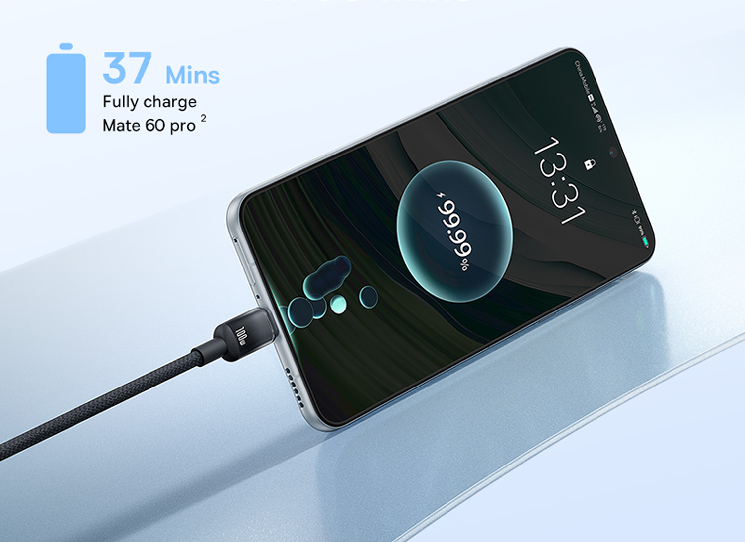 Un teléfono se está cargando, mostrando el 99,99% de carga. Un cable de carga está conectado. El texto indica una carga completa en 37 minutos para Mate 60 pro.