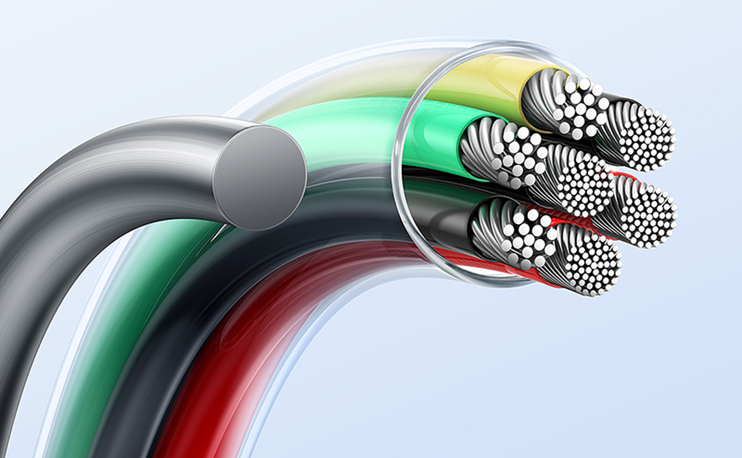 Sección transversal de cables eléctricos multicolores. Se ven cables individuales, dentro de un tubo transparente, sobre fondo azul.