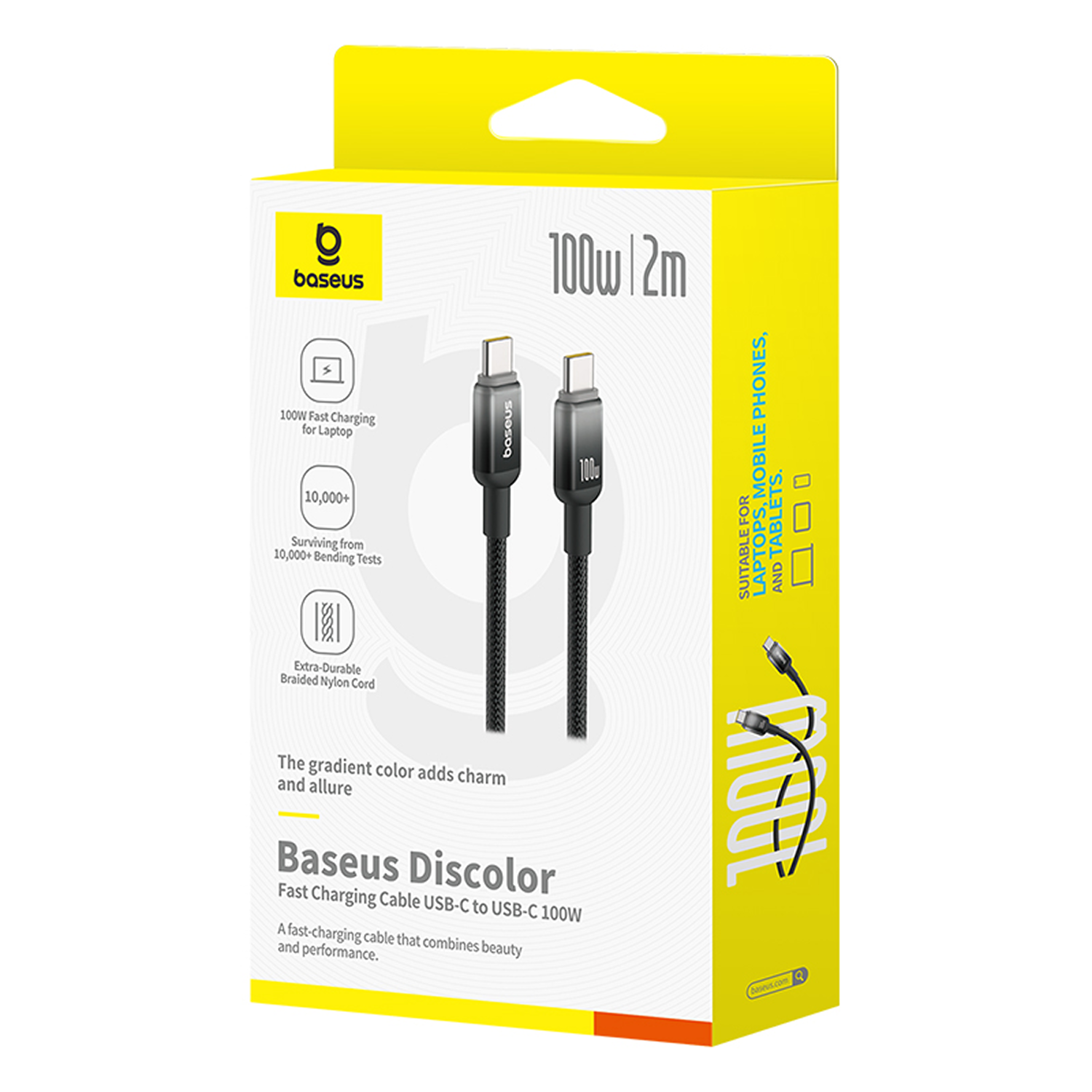 Caja de cable de carga Baseus Discolor USB-C a USB-C 100W. Caja amarilla, cable negro, texto blanco. Adecuado para portátiles, teléfonos y tabletas.